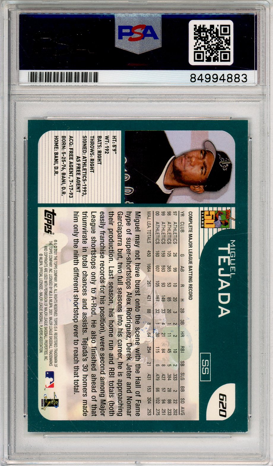2001 TOPPS BASBALL MIGUEL TEJADA #620 A'S HOF MVP AUTO PSA/DNA