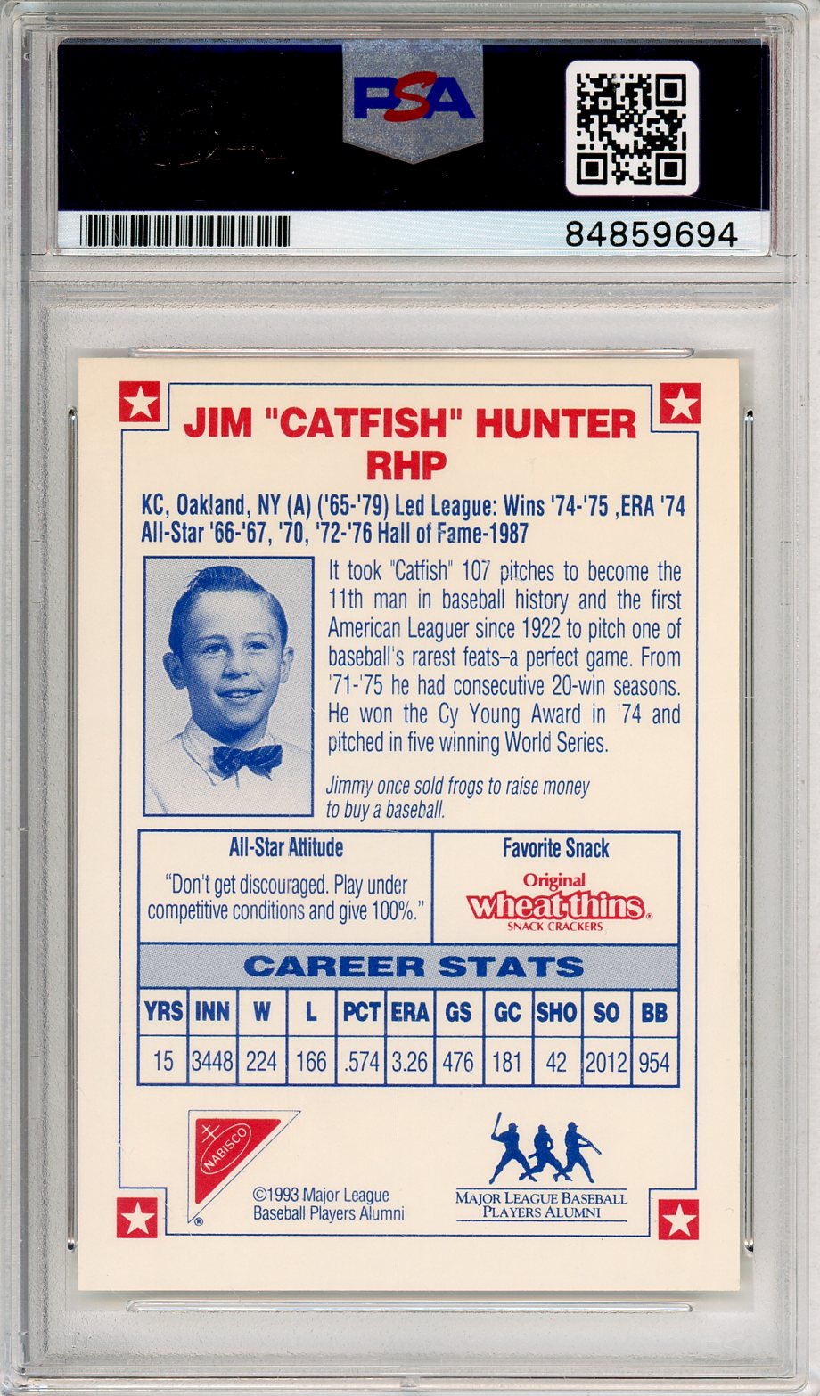 1993 NABISCO BASEBALL - JIM "CATFISH" HUNTER HOF AUTOGRAPH PSA/DNA AUTHENTIC AUTO