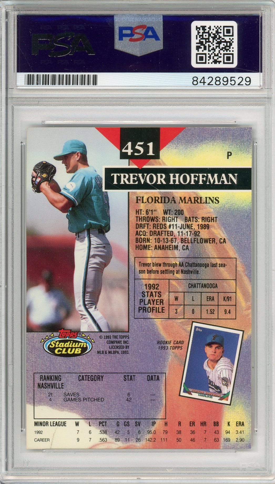 1993 TOPPS STADIUM CLUB TREVOR HOFFMAN #451 HOF MARLINS 7-TIME ALL STAR AUTOGRAPH PSA/DNA