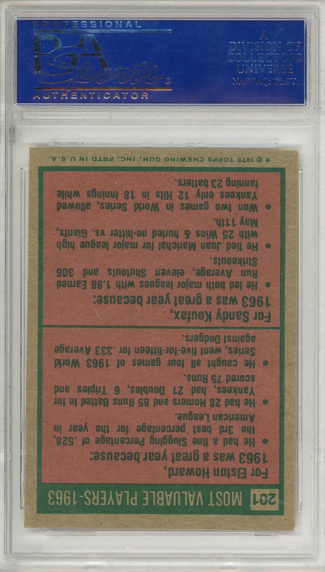 1975 TOPPS SANDY KOUFAX #201 HOF DODGERS 4-TIME WORLD SERIES CHAMP AUTOGRAPH PSA/DNA