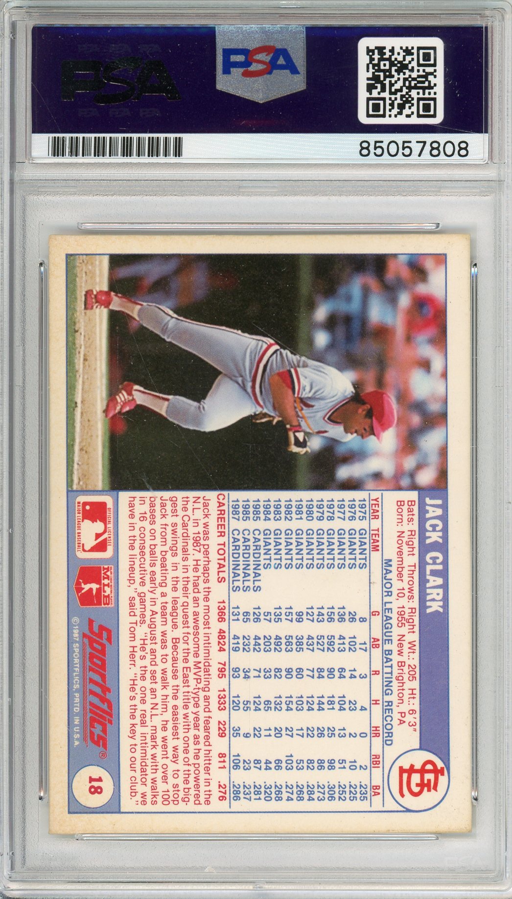 1987 SPORTFLICS JACK CLARK #18 CARDINALS 4-TIME ALL STAR AUTOGRAPH PSA/DNA