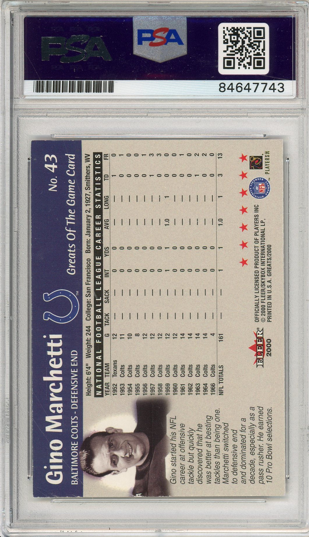 2000 FLEER GINO MARCHETTI #43 HOF AUTOGRAPH PSA/DNA