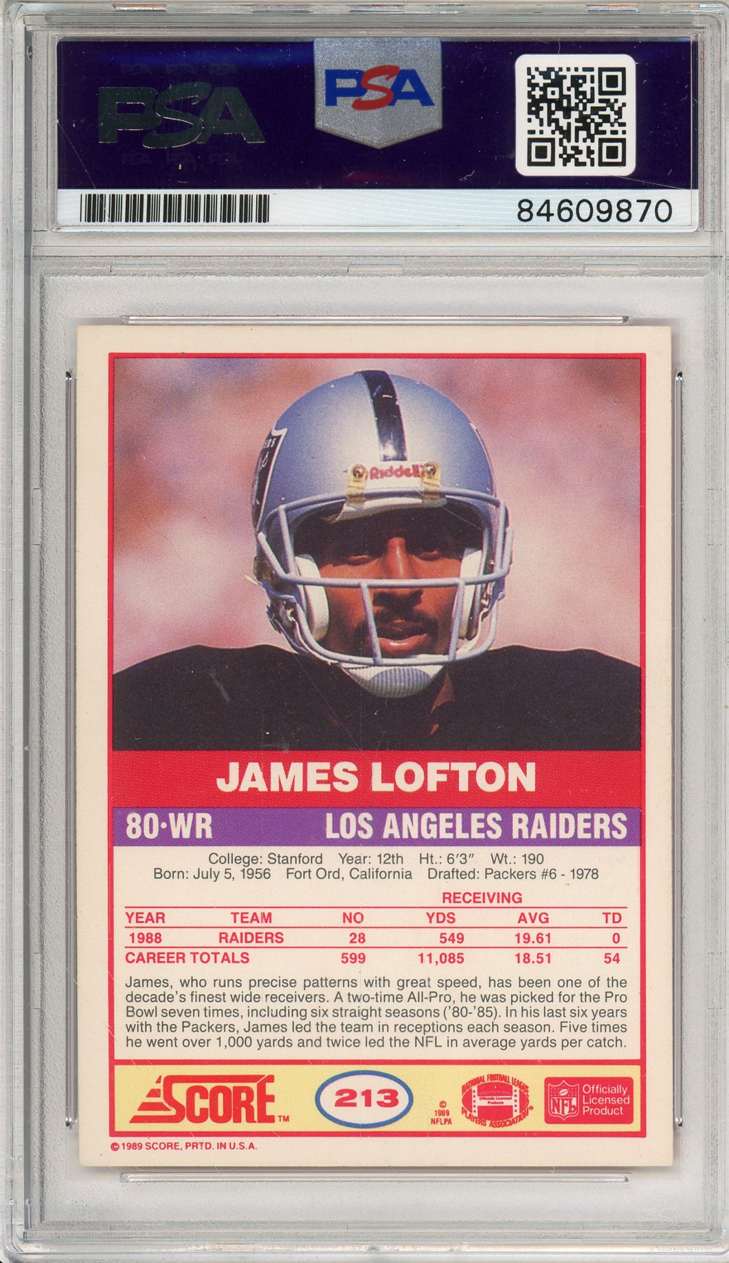 1989 SCORE JAMES LOFTON #213 HOF AUTOGRAPH PSA/DNA