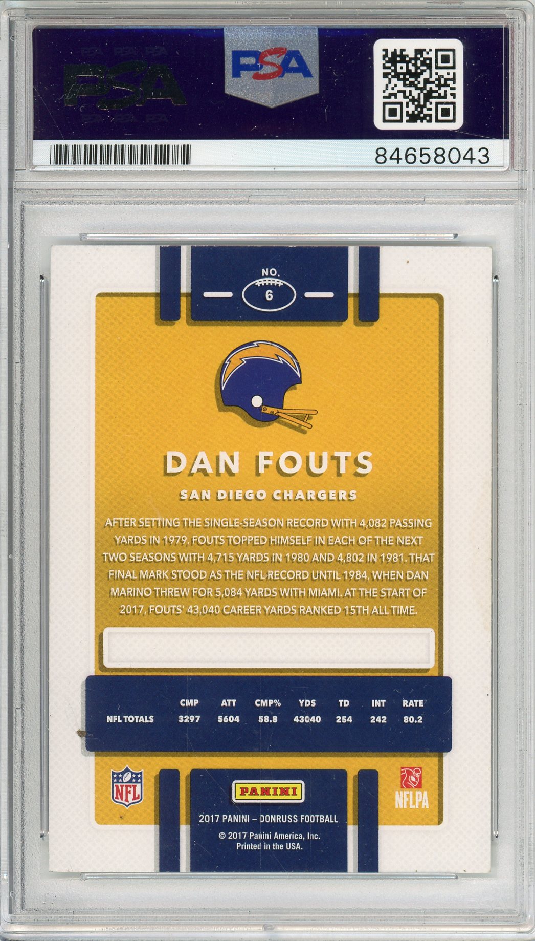 2017 PANINI DONRUSS DAN FOUTS #6 HOF CHARGERS AUTOGRAPH PSA/DNA