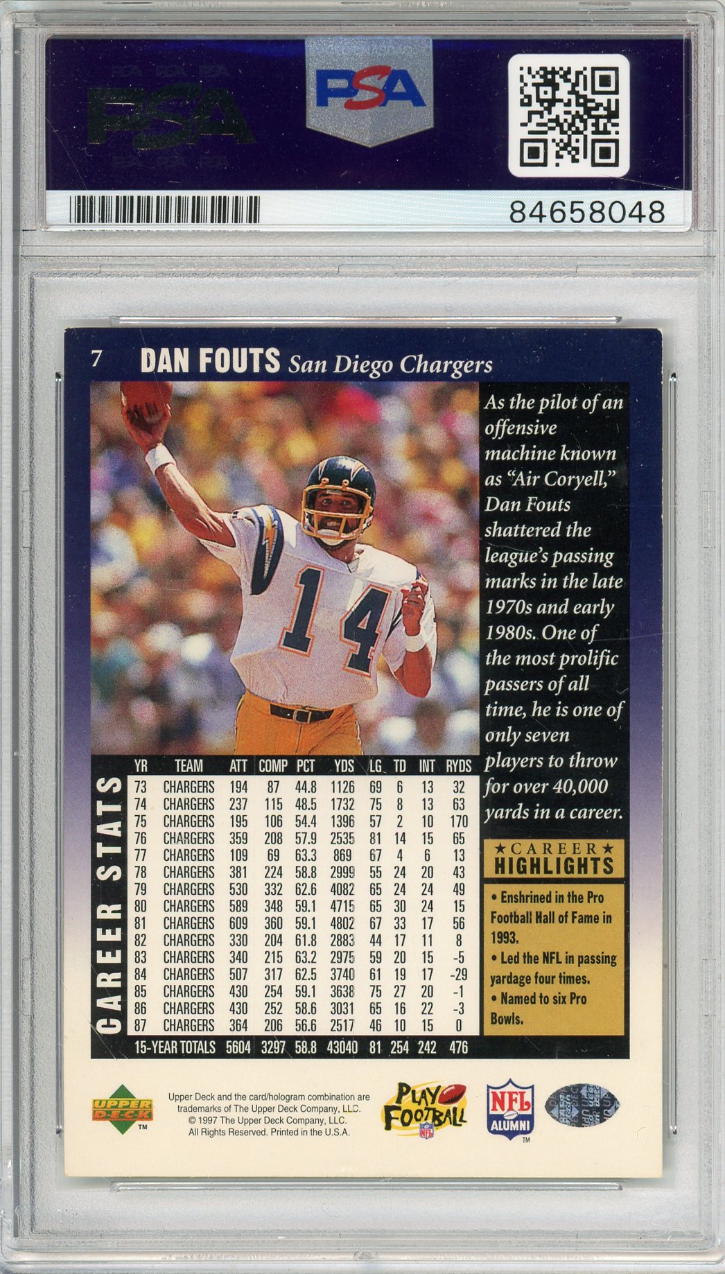 1997 UPPER DECK DAN FOUTS #7 HOF CHARGERS 6-TIME PRO BOWLER AUTOGRAPH PSA/DNA