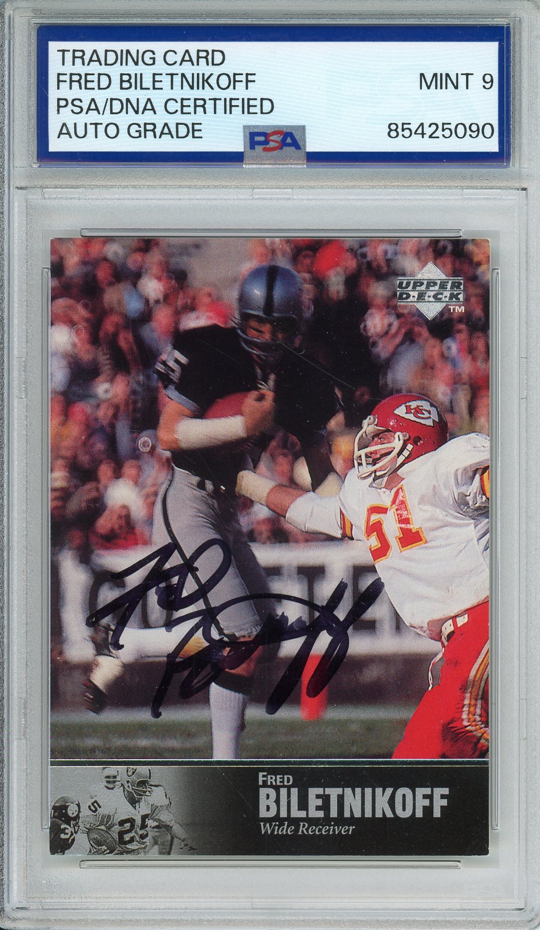 1997 UPPER DECK FOOTBALL - FRED BILETNIKOFF #18 HOF RAIDER AUTOGRAPH PSA/DNA AUTO GRADE MINT 9
