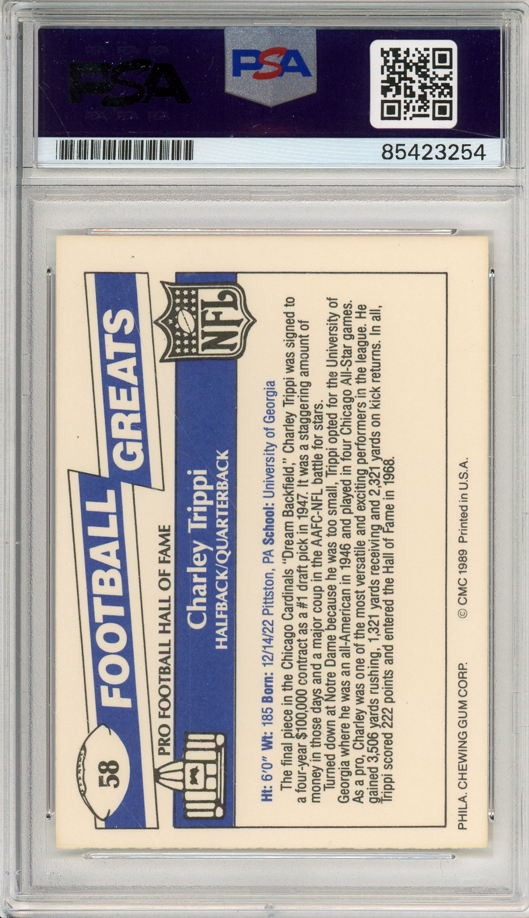 1989 SWELL CHARLEY TRIPPI #58 HOF AUTOGRAPH PSA/DNA
