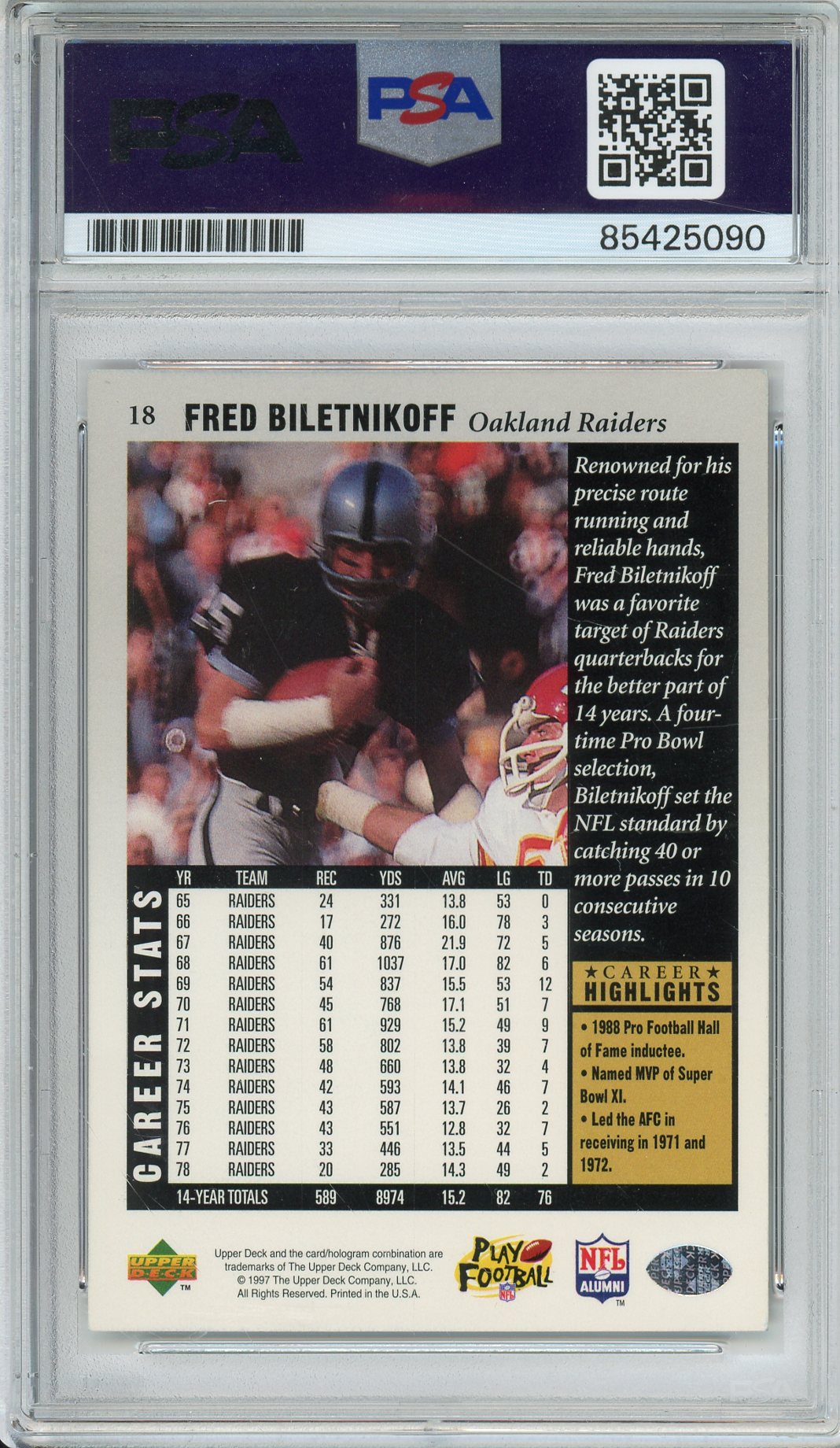 1997 UPPER DECK FOOTBALL - FRED BILETNIKOFF #18 HOF RAIDER AUTOGRAPH PSA/DNA AUTO GRADE MINT 9