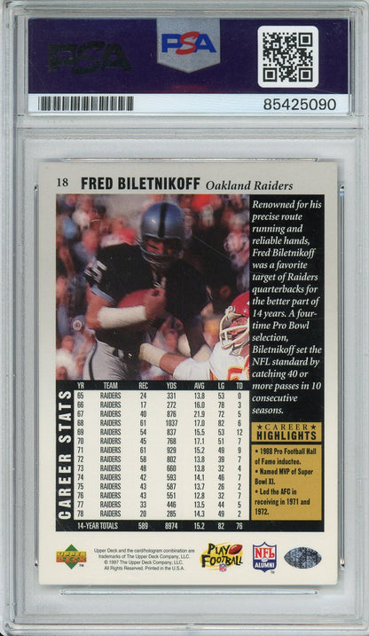 1997 UPPER DECK FOOTBALL - FRED BILETNIKOFF #18 HOF RAIDER AUTOGRAPH PSA/DNA AUTO GRADE MINT 9