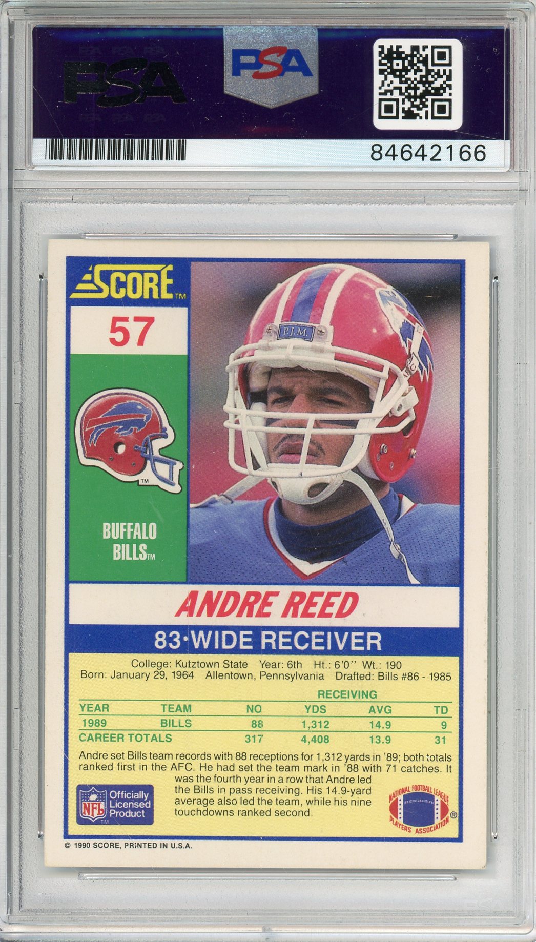 1990 SCORE ANDRE REED #57 BILLS HOF 7-TIME PRO BOWL AUTOGRAPH PSA/DNA