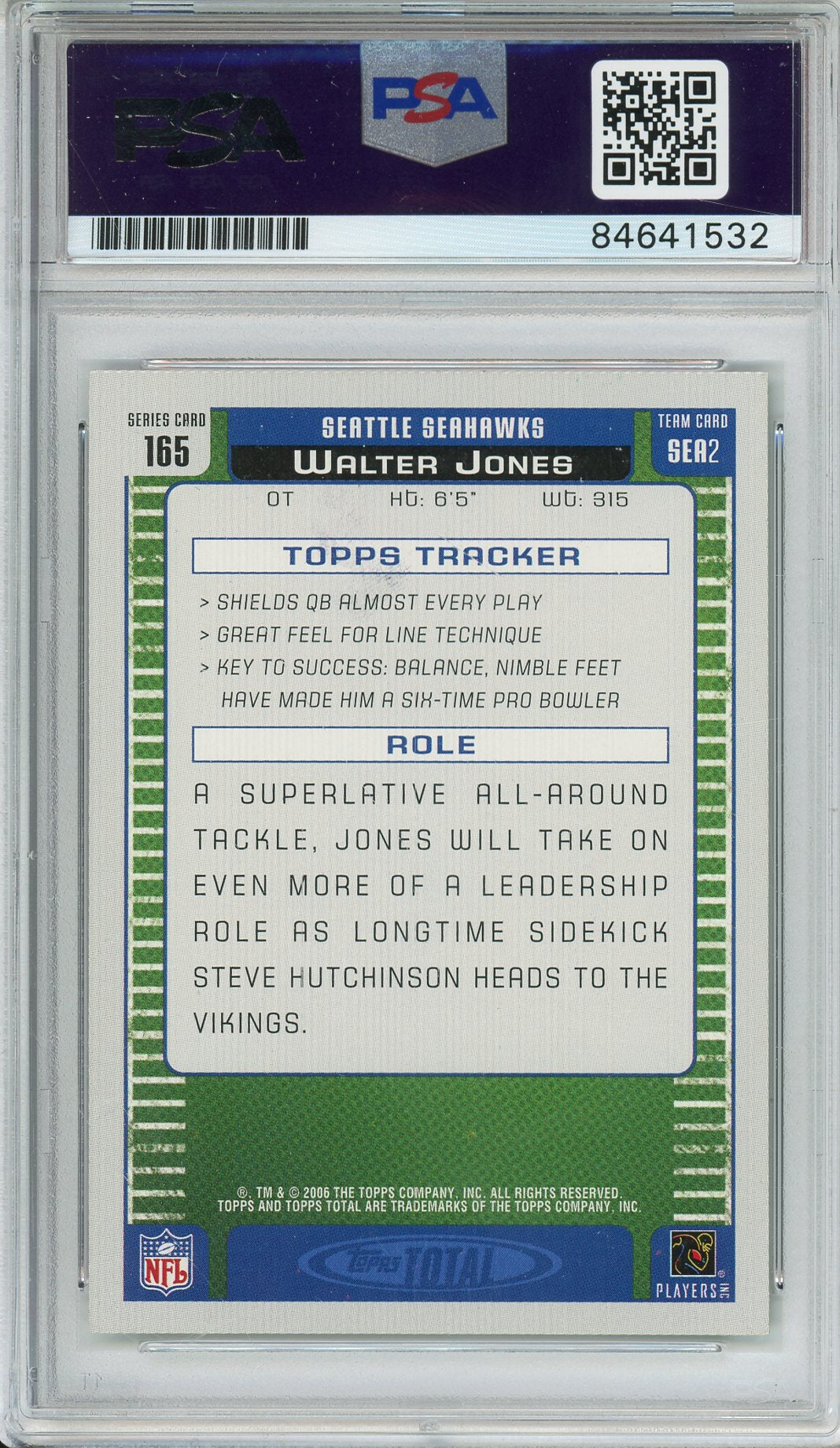 2006 TOPPS FOOTBALL - WALTER JONES #165 SEAHAWKS HOF AUTOGRAPH PSA/DNA AUTO GRADE GEM MT 10