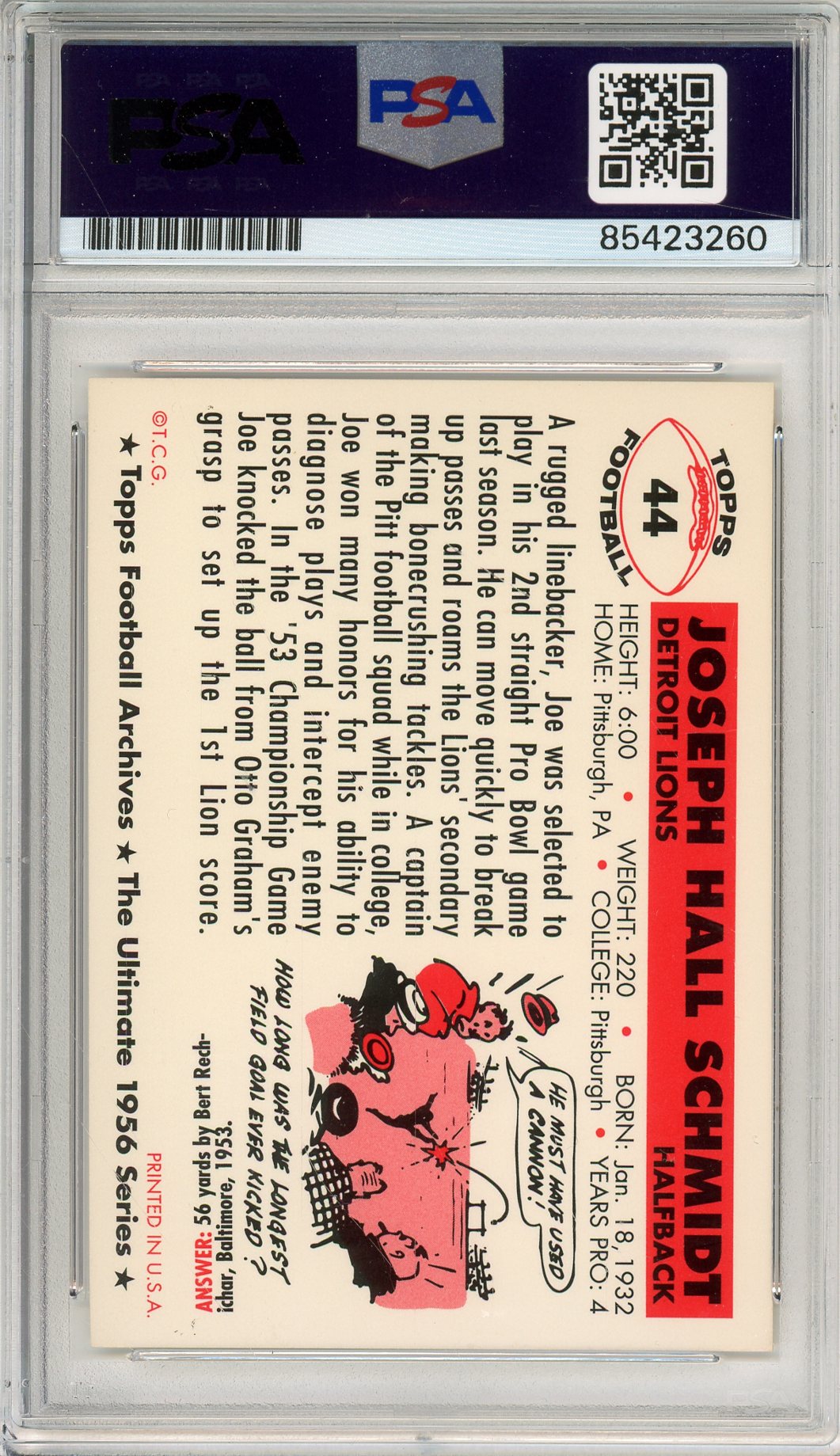 1994 TOPPS ARCHIVES JOE SCHMIDT #44 HOF AUTOGRAPH PSA/DNA