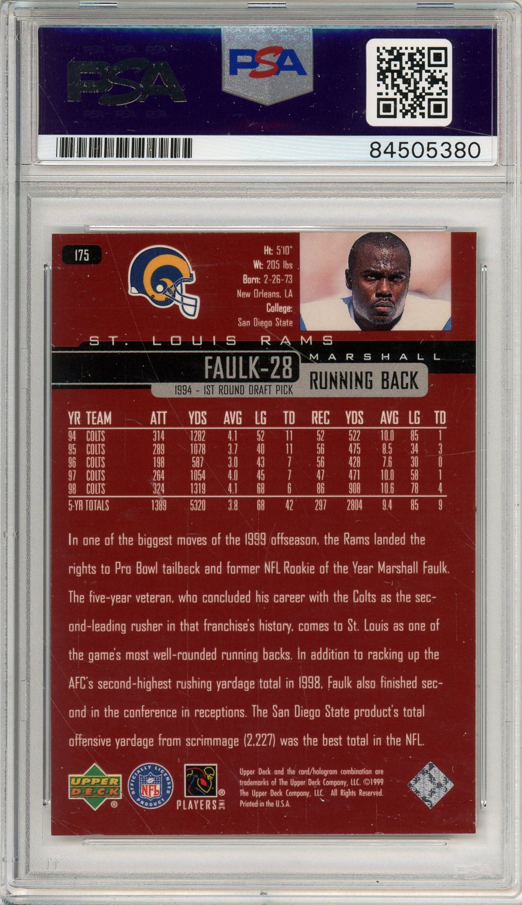 1999 UPPER DECK MARSHALL FAULK #175 HOF AUTOGRAPH PSA/DNA