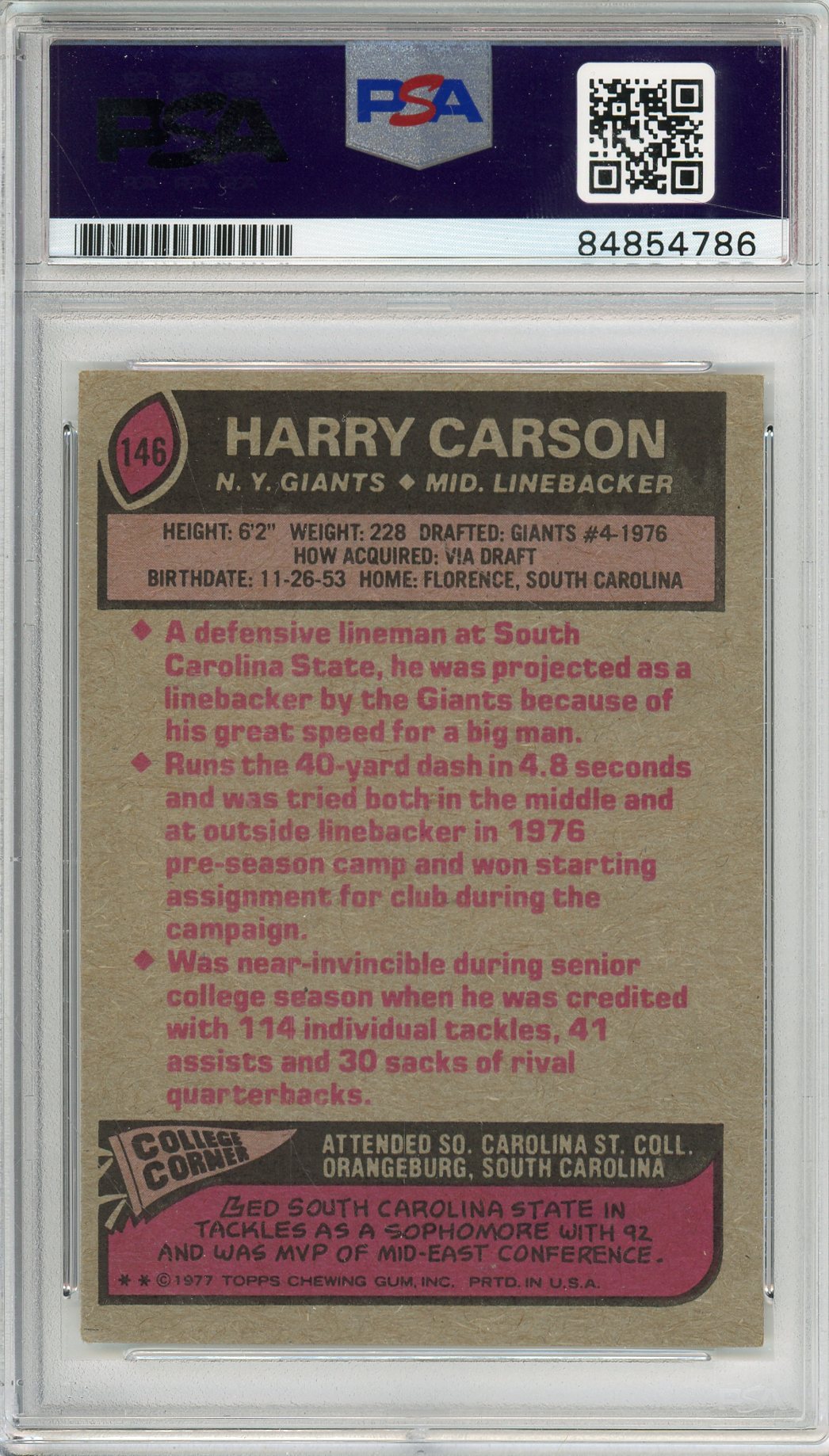 1977 TOPPS HARRY CARSON #146 ROOKIE HOF GIANTS 9-TIME PRO BOWLER AUTOGRAPH PSA/DNA