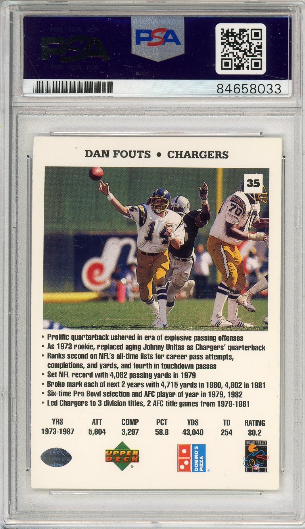 1991 UPPER DECK DOMINO'S DAN FOUTS #35 HOF AUTOGRAPH PSA/DNA
