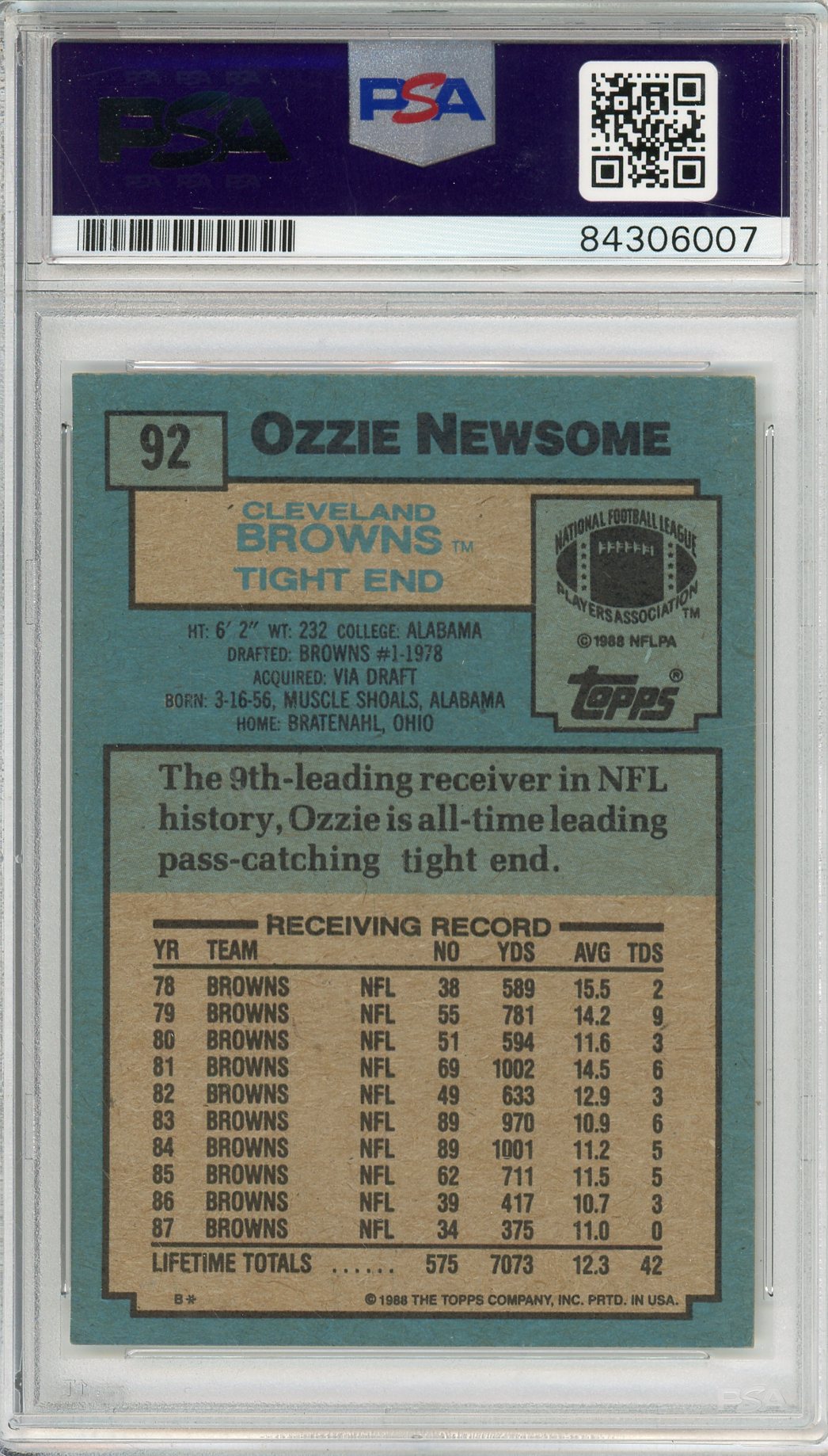 1988 TOPPS OZZIE NEWSOME #92 "HOF '99" BROWNS 7-TIME ALL PRO AUTOGRAPH PSA/DNA