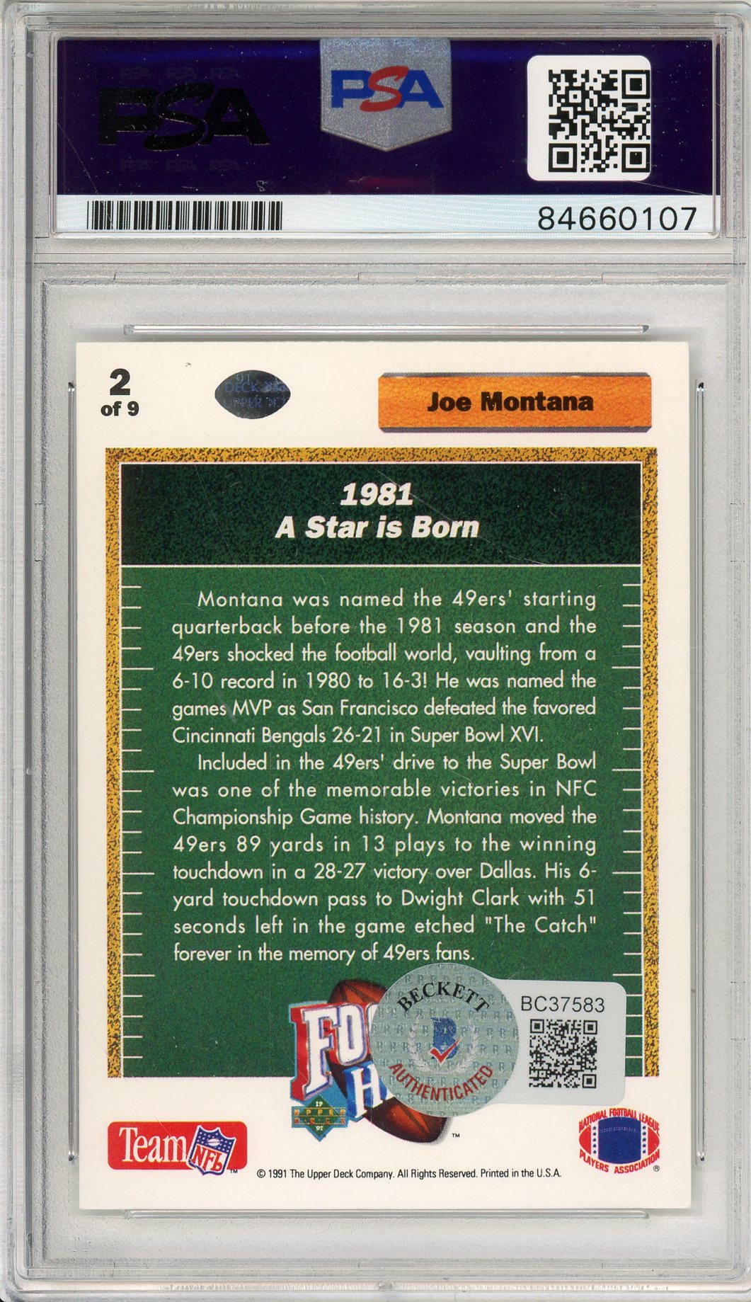 1991 UPPER DECK FOOTBALL HEROES JOE MONTANA #2 HOF AUTOGRAPH PSA/DNA