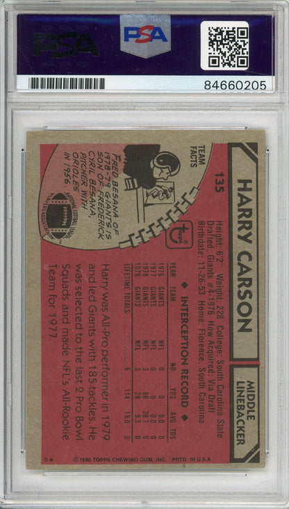 1980 TOPPS HARRY CARSON #135 HOF GIANTS 9-TIME PRO BOWLER AUTOGRAPH PSA/DNA