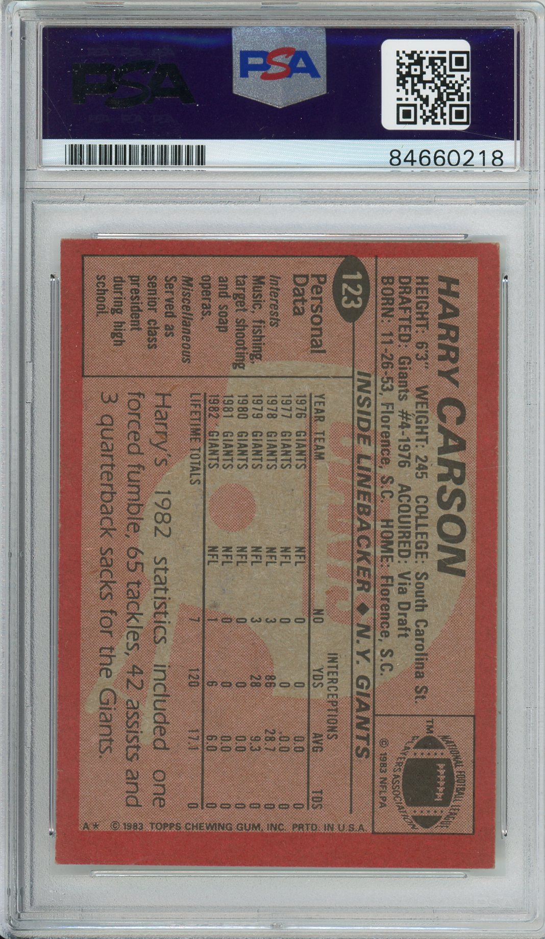 1983 TOPPS FOOTBALL - HARRY CARSON #123 GIANTS HOF AUTOGRAPH PSA/DNA AUTHENTIC AUTO