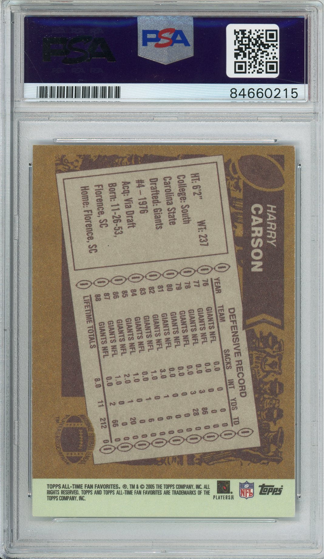 2005 TOPPS FOOTBALL ALL-TIME FAN FAVORITES - HARRY CARSON HOF GIANTS AUTOGRAPH PSA/DNA AUTHENTIC AUTO