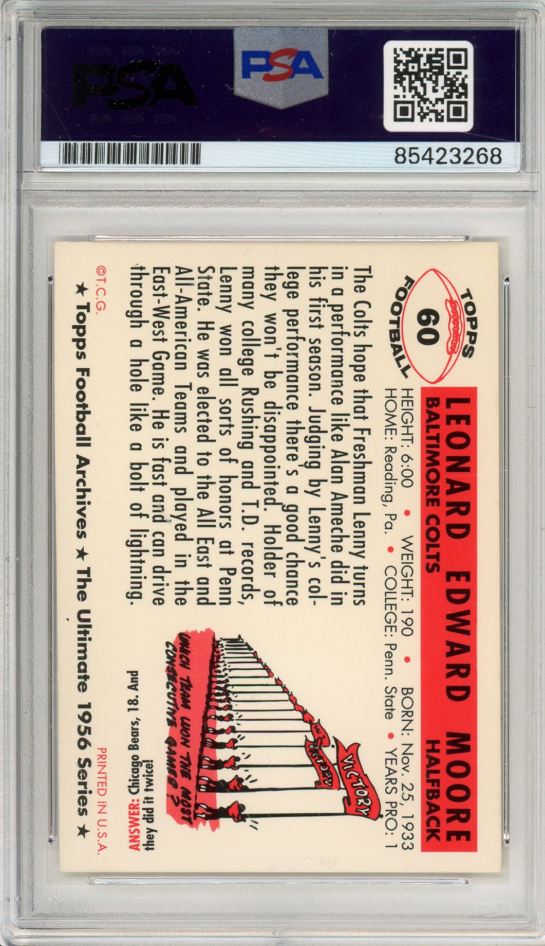 1994 TOPPS ARCHIVES LENNY MOORE #60 HOF AUTOGRAPH PSA/DNA