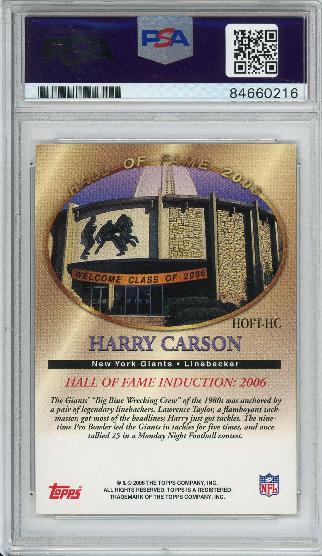 2006 TOPPS FOOTBALL - HARRY CARSON HALL OF FAME 2006 GIANTS AUTOGRAPH PSA/DNA AUTHENTIC AUTO