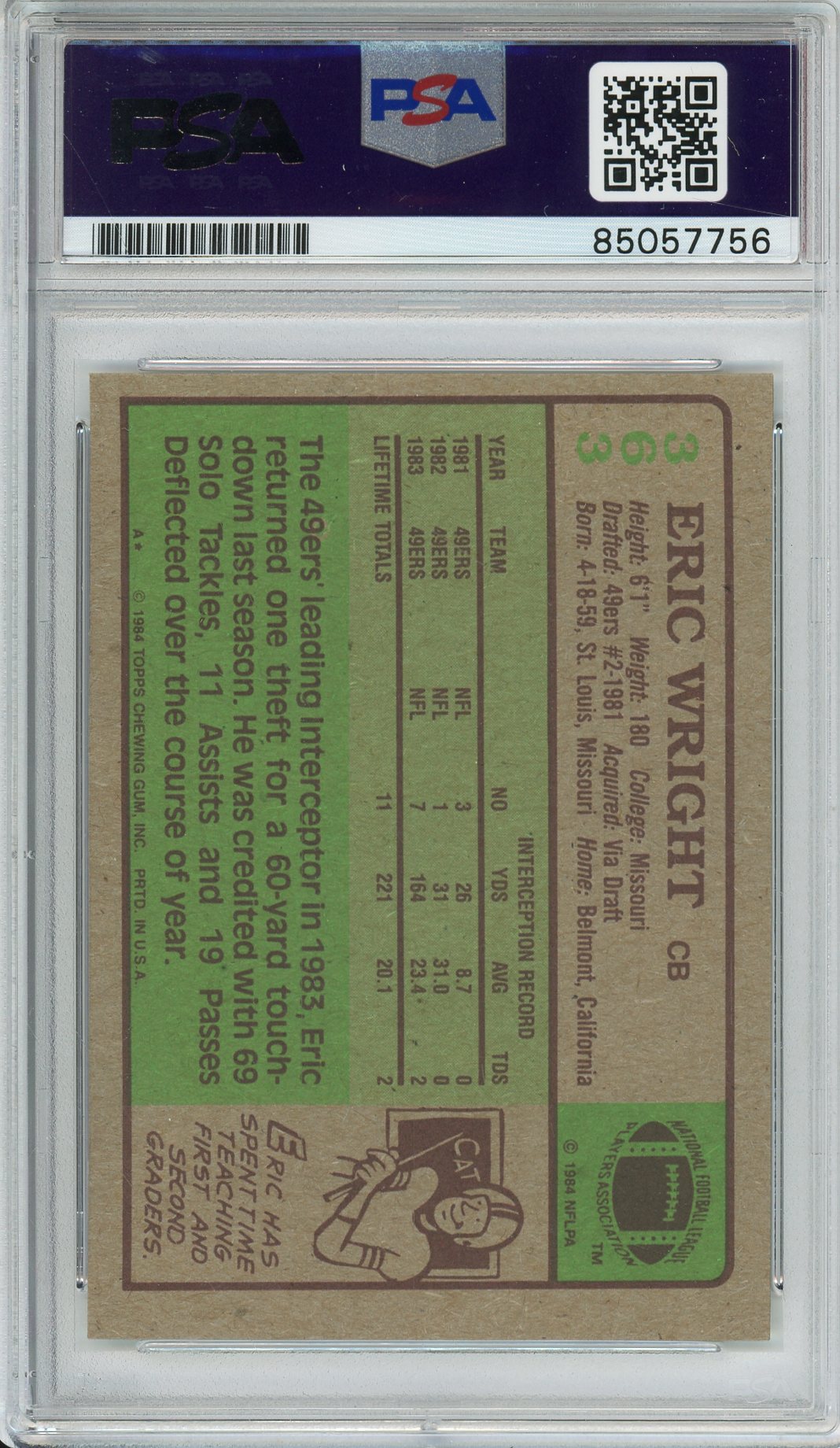 1984 TOPPS FOOTBALL - ERIC WRIGHT #363 49ERS AUTOGRAPH PSA/DNA AUTHENTIC AUTO