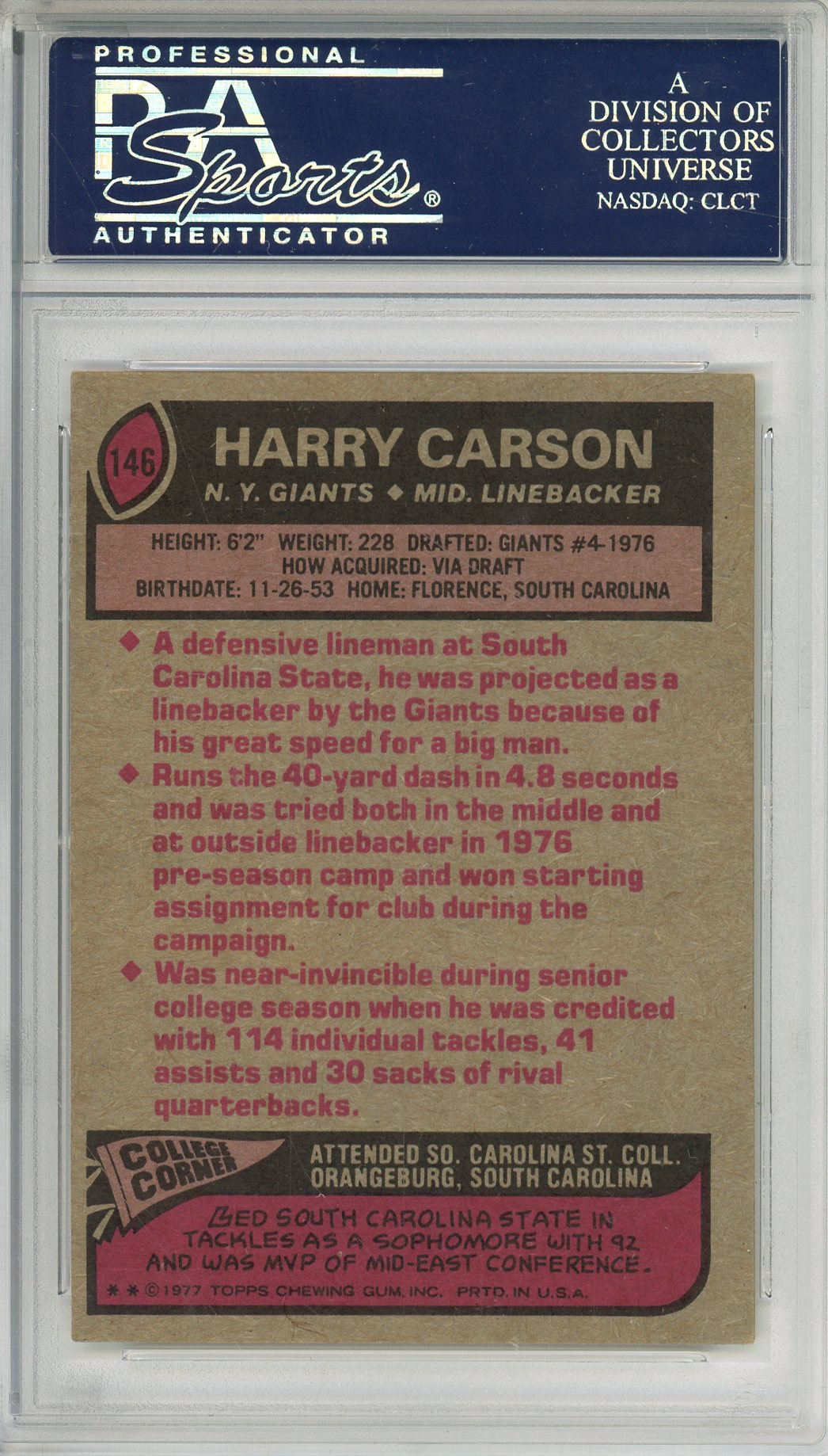 1977 TOPPS HARRY CARSON #146 ROOKIE HOF GIANTS 9-TIME PRO BOWLER AUTOGRAPH