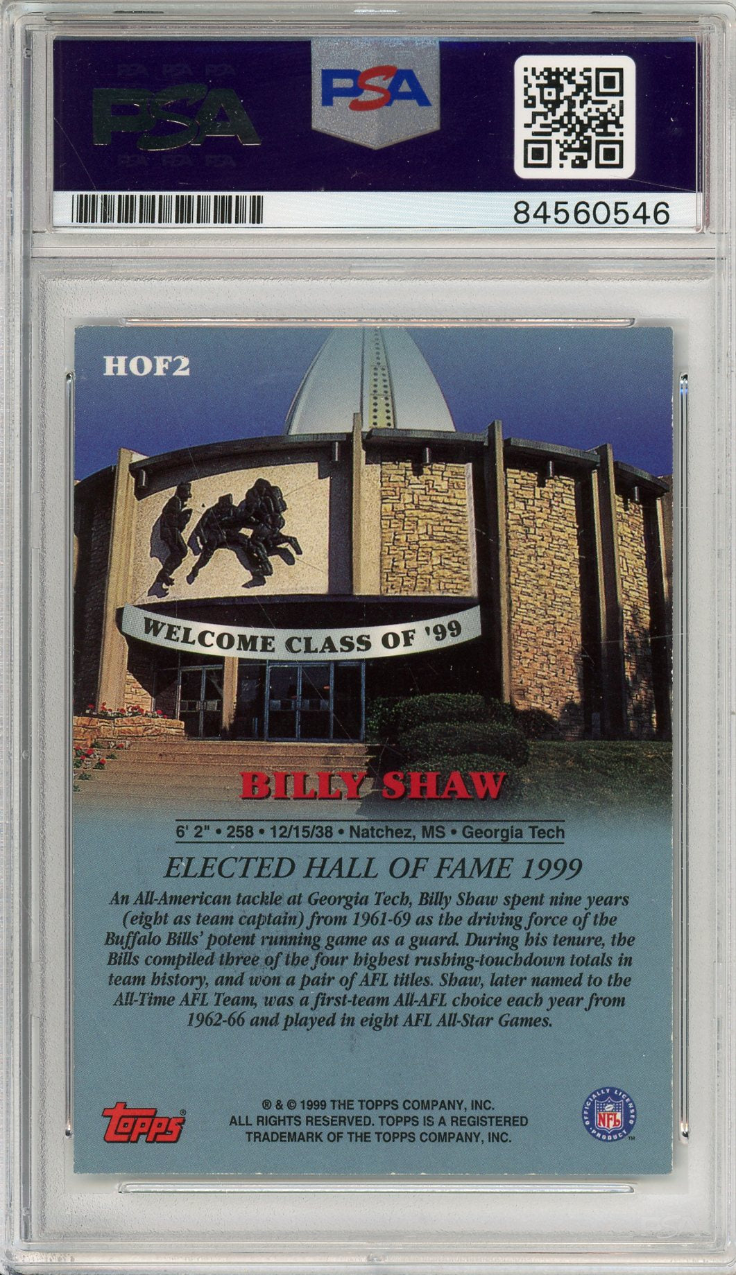 1999 TOPPS HALL FO FAME BILLY SHAW #HOF2 HOF AUTOGRAPH PSA/DNA