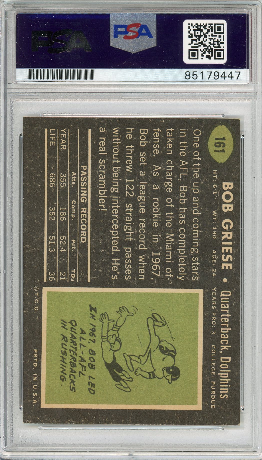 1969 TOPPS BOB GRIESE #161 HOF DOLPHINS 2-TIME CHAMP AUTOGRAPH PSA/DNA
