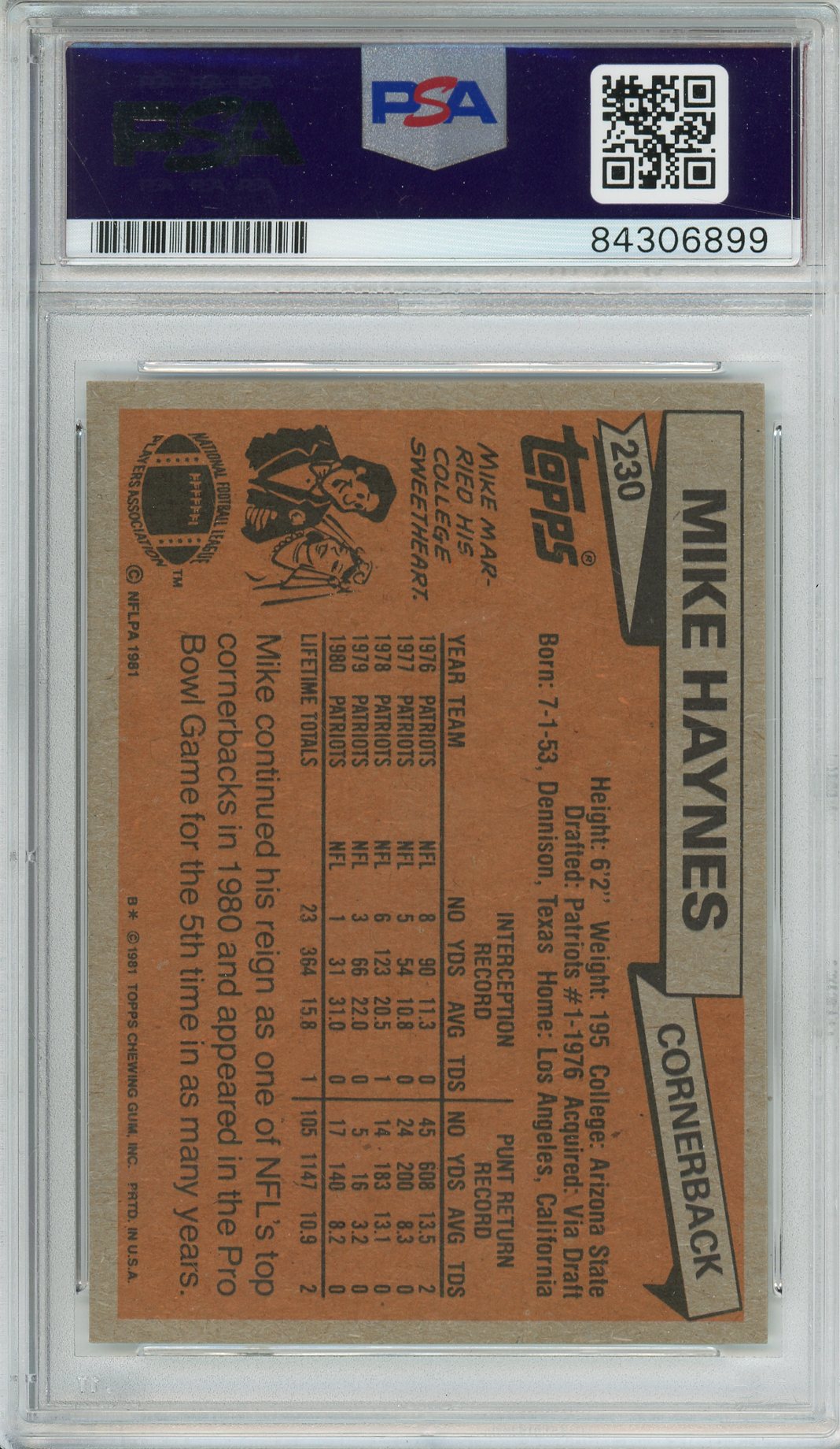 1981 TOPPS FOOTBALL MIKE HAYNES #230 PATRIOTS HOF AUTOGRAPH PSA/DNA AUTHENTIC AUTO