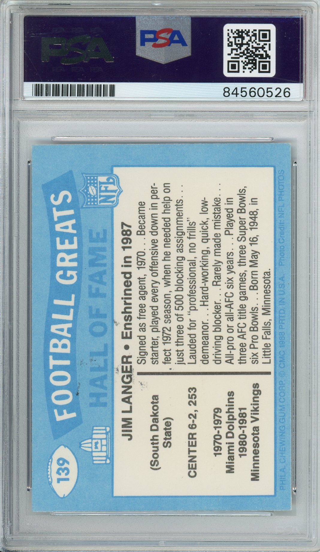 1988 SWELL FOOTBALL - JIM LANGER #139 HALL OF FAME DOLPHINS AUTOGRAPH PSA/DNA AUTHENTIC AUTO