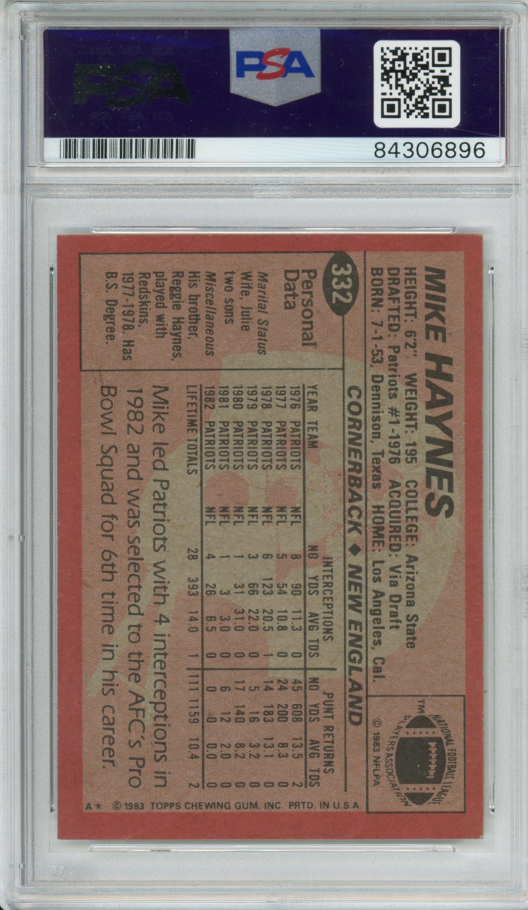 1983 TOPPS FOOTBALL - MIKE HAYNES #332 PATRIOTS HOF AUTOGRAPH DSA/DNA AUTHENTIC AUTO