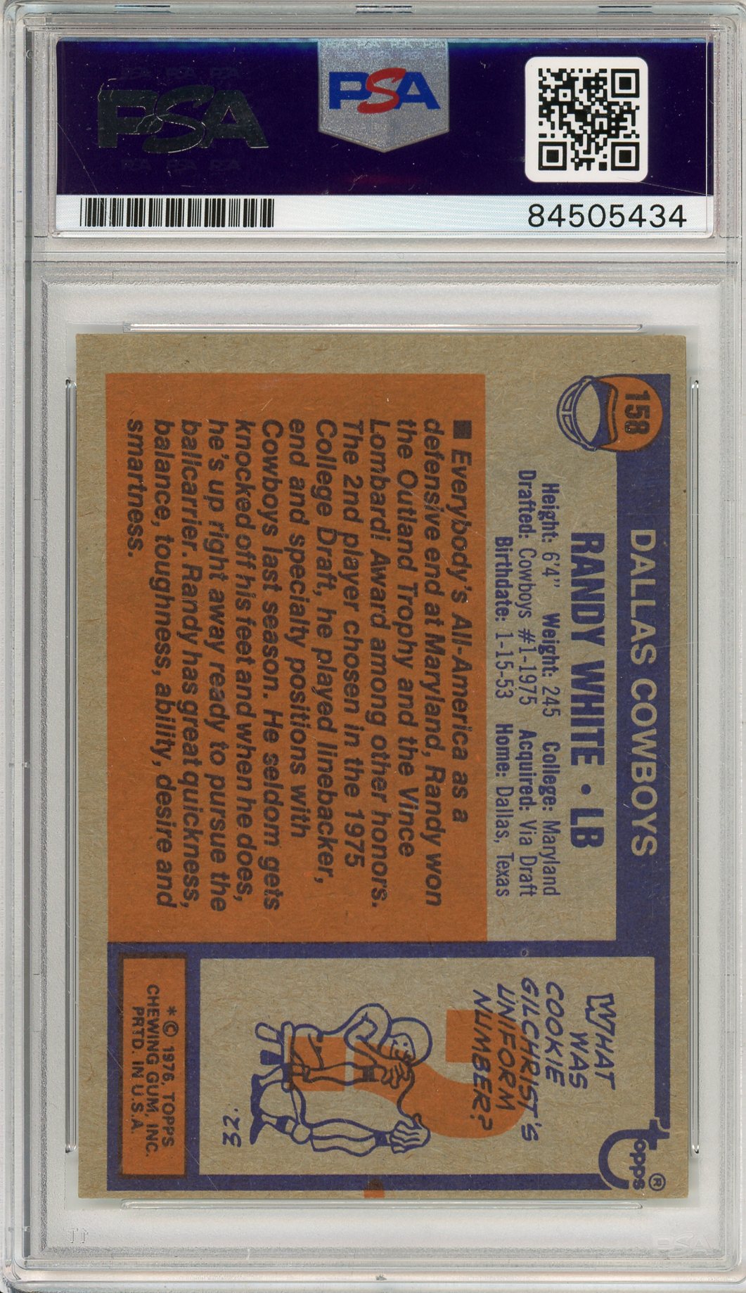 1976 TOPPS RANDY WHITE #158 ROOKIE HOF AUTOGRAPH PSA/DNA