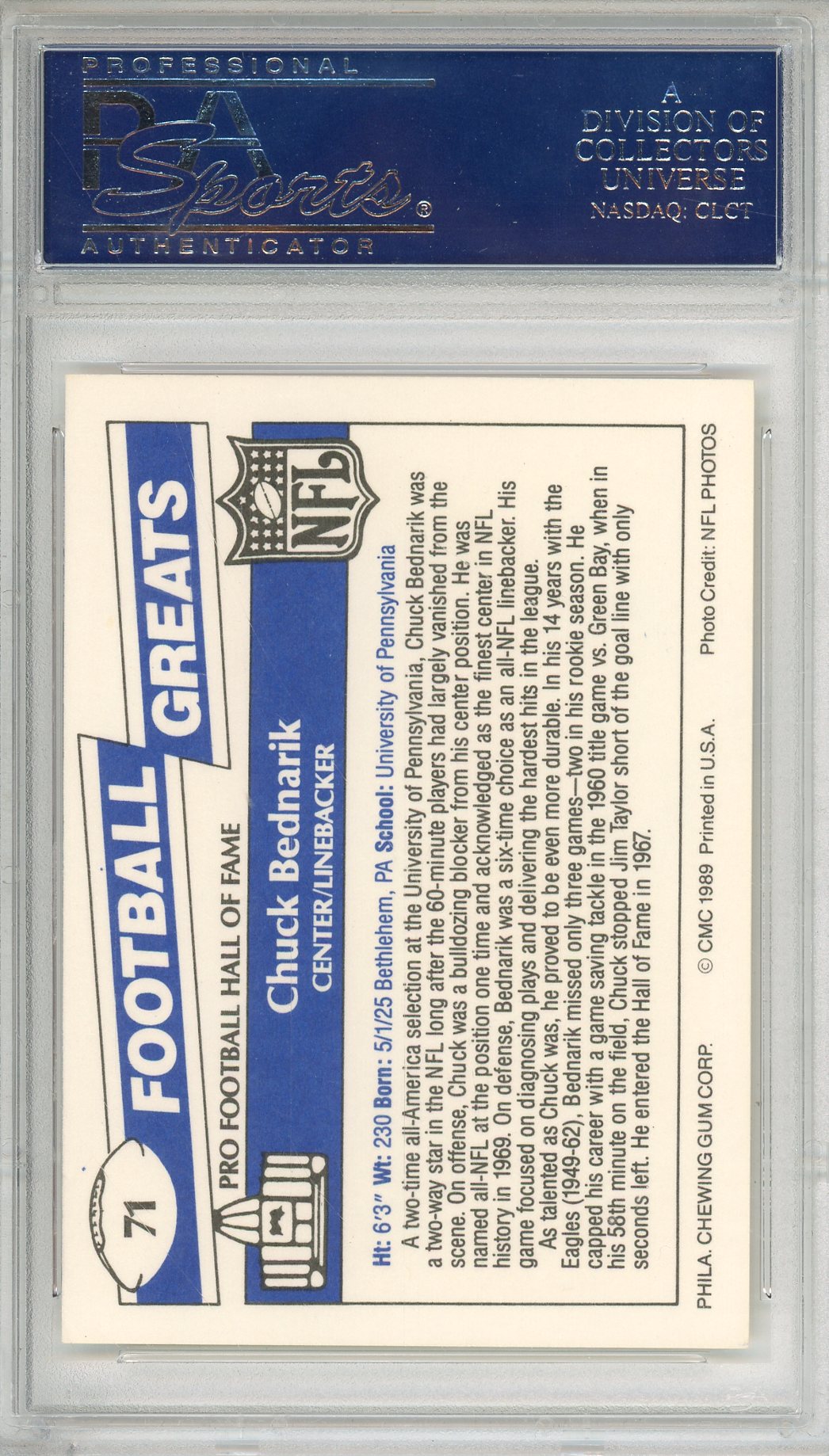 1989 SWELL GREATS CHUCK BEDNARIK #71 HOF EAGLES 2-TIME NFL CHAMP AUTOGRAPH PSA/DNA