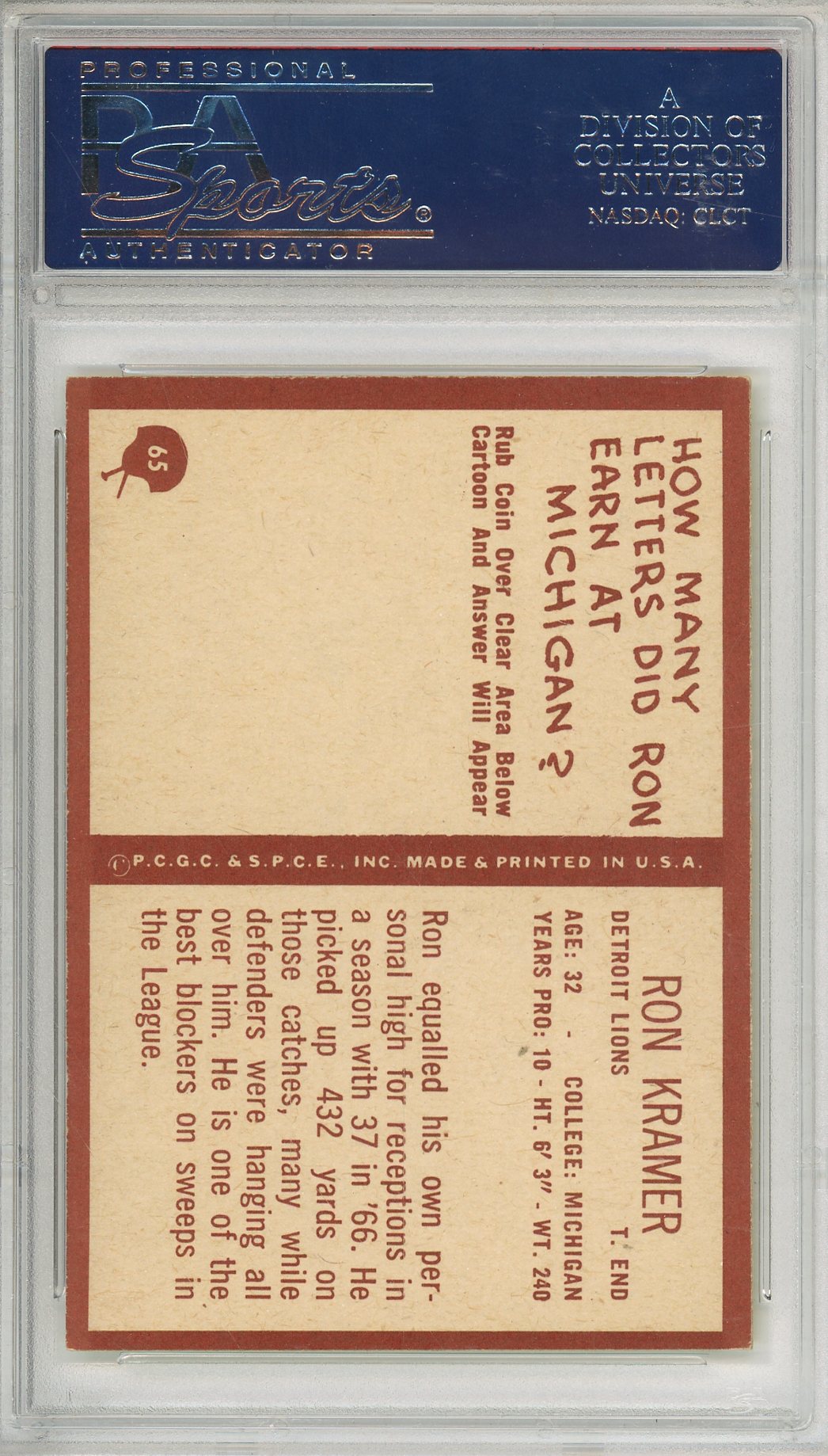 1967 PHILADELPHIA RON KRAMER #65 COLLEGE HOF LIONS 2-TIME CHAMP AUTOGRAPH PSA/DNA