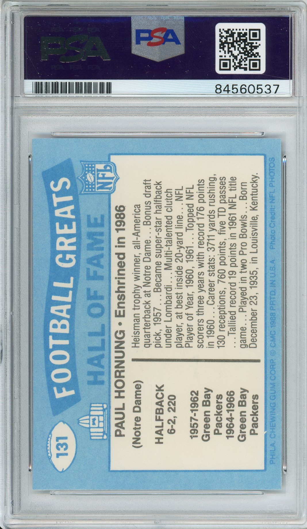 1988 SWELL FOOTBALL - PAUL HORNUNG #131 PACKERS HOF AUTOGRAPH PSA/DAN AUTHENTIC AUTO