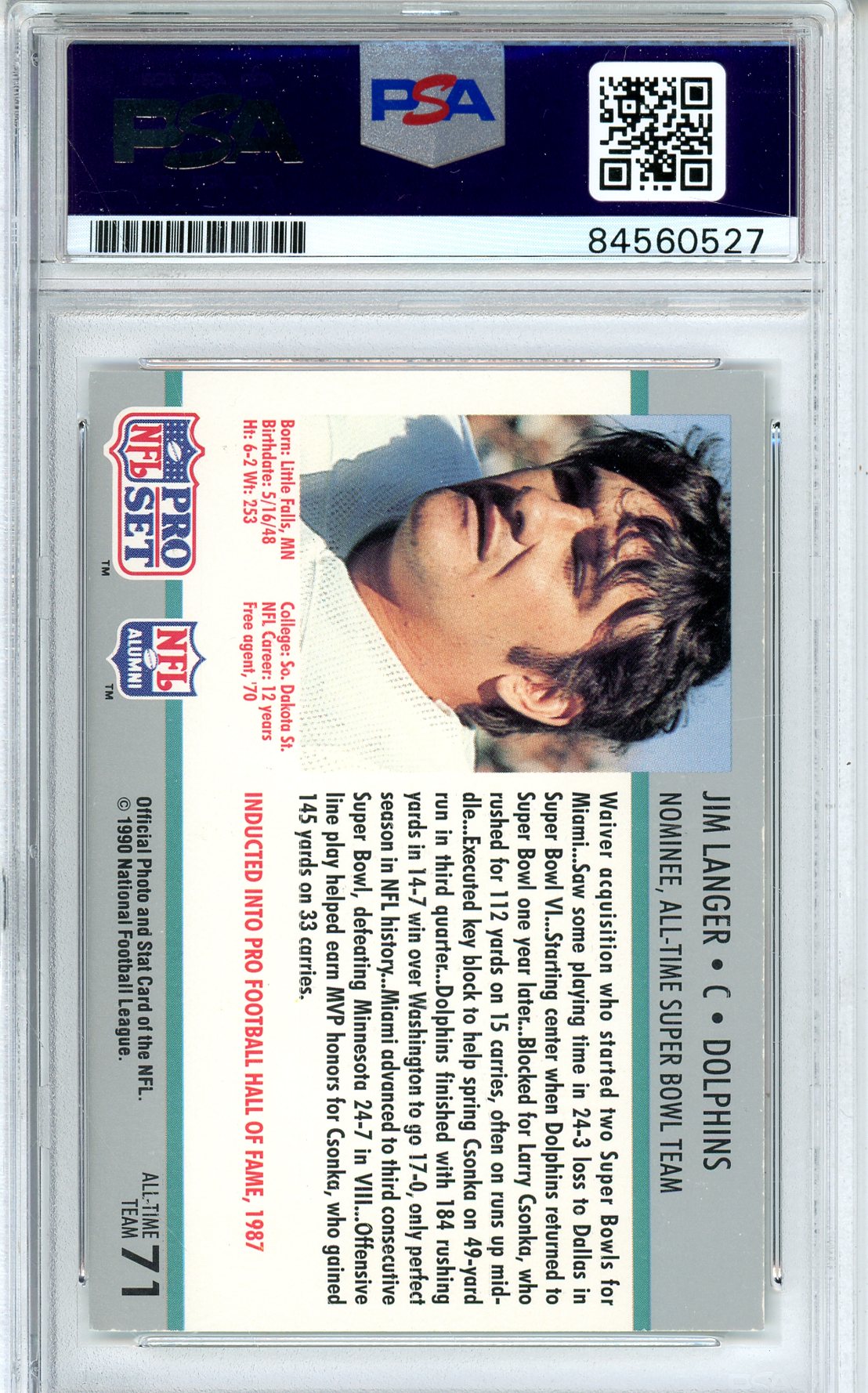 1990 NFL PRO SET - JIM LANGER #72 DOLPHINS HOF AUTOGRAPH PSA/DNA AUTHENTIC AUTO SUPER BOWL XXV