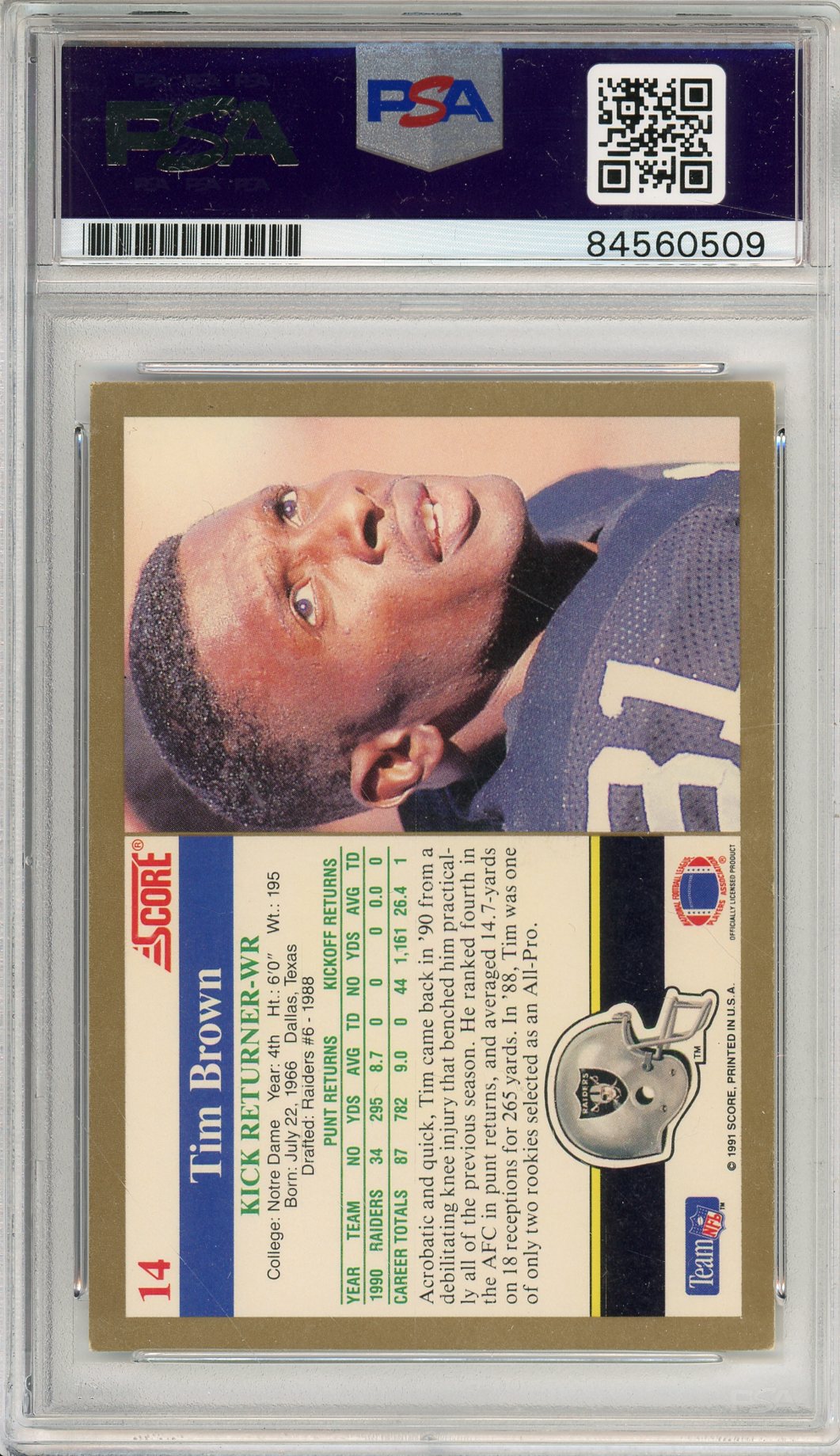 1991 TOPPS SCORE TIM BROWN #14 HOF AUTOGRAPH PSA/DNA