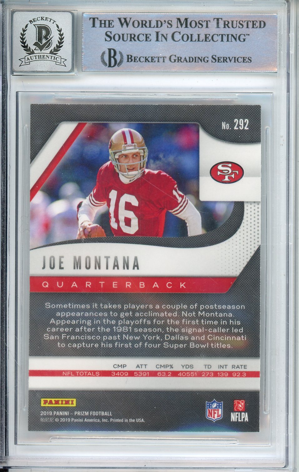 2019 PANINI PRIZM JOE MONTANA #292 HOF AUTOGRAPH BECKETT 10 AUTO