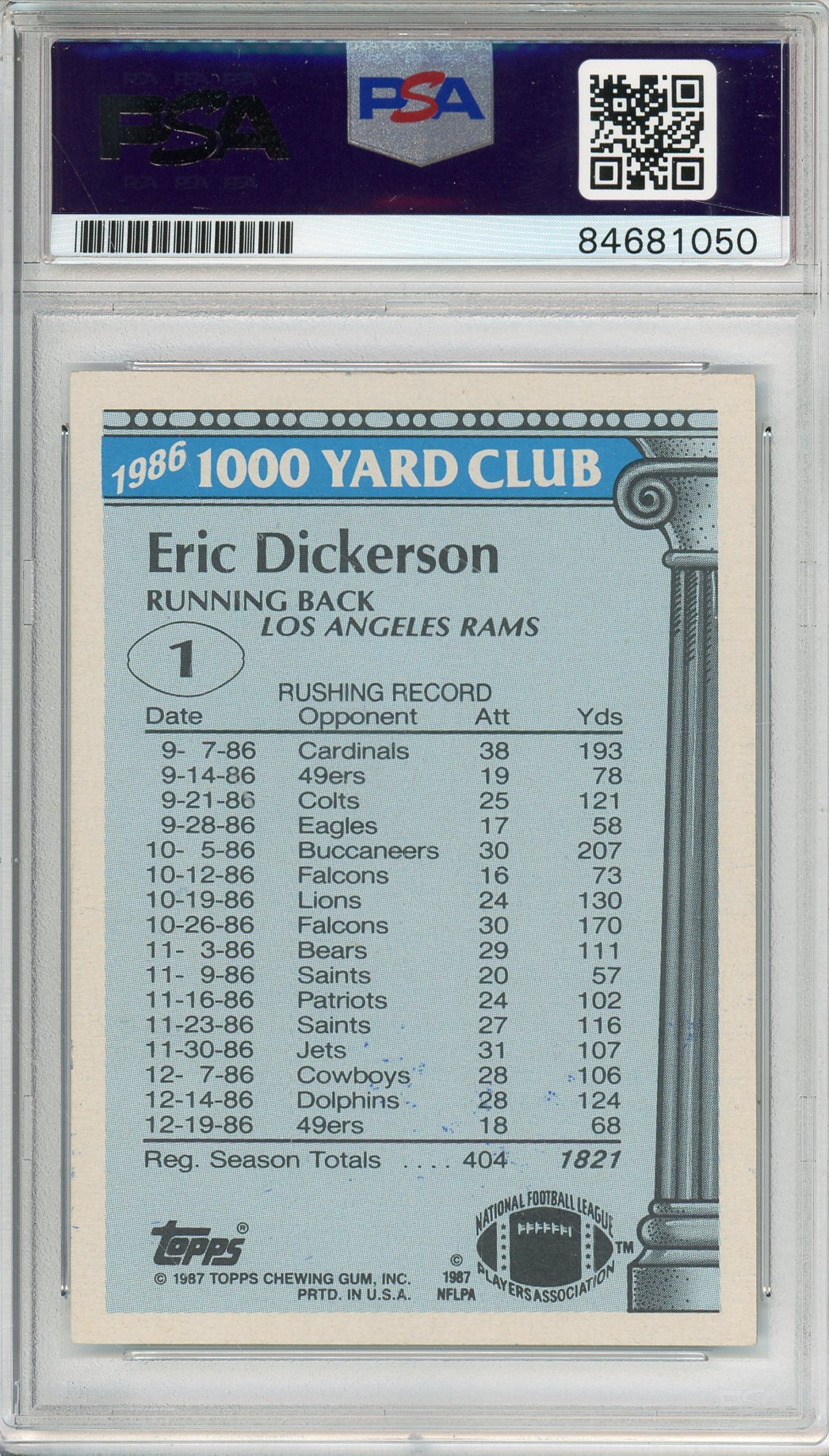 1987 TOPPS ERIC DICKERSON #1 HOF RAMS 5-TIME ALL PRO AUTOGRAPH PSA/DNA