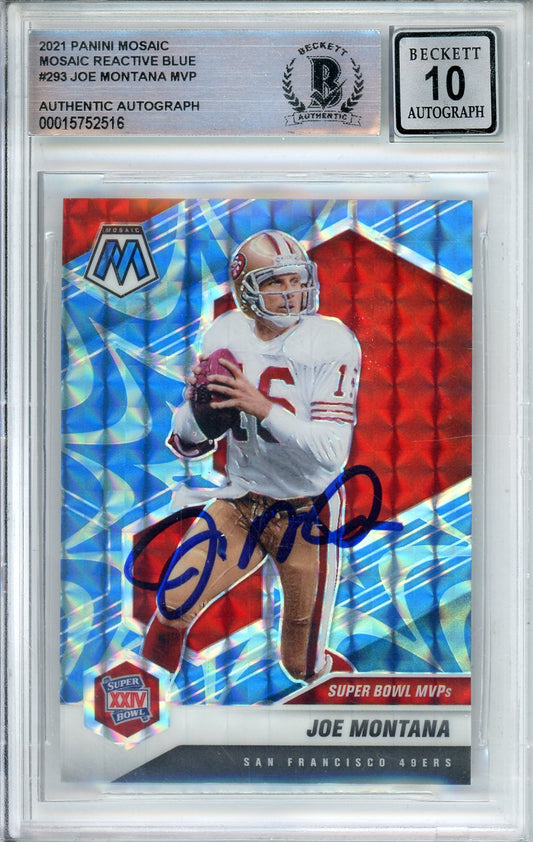 2021 PANINI MOSAIC JOE MONTANA MVP BLUE REACTIVE #293 HOF BECKETT 10 AUTO