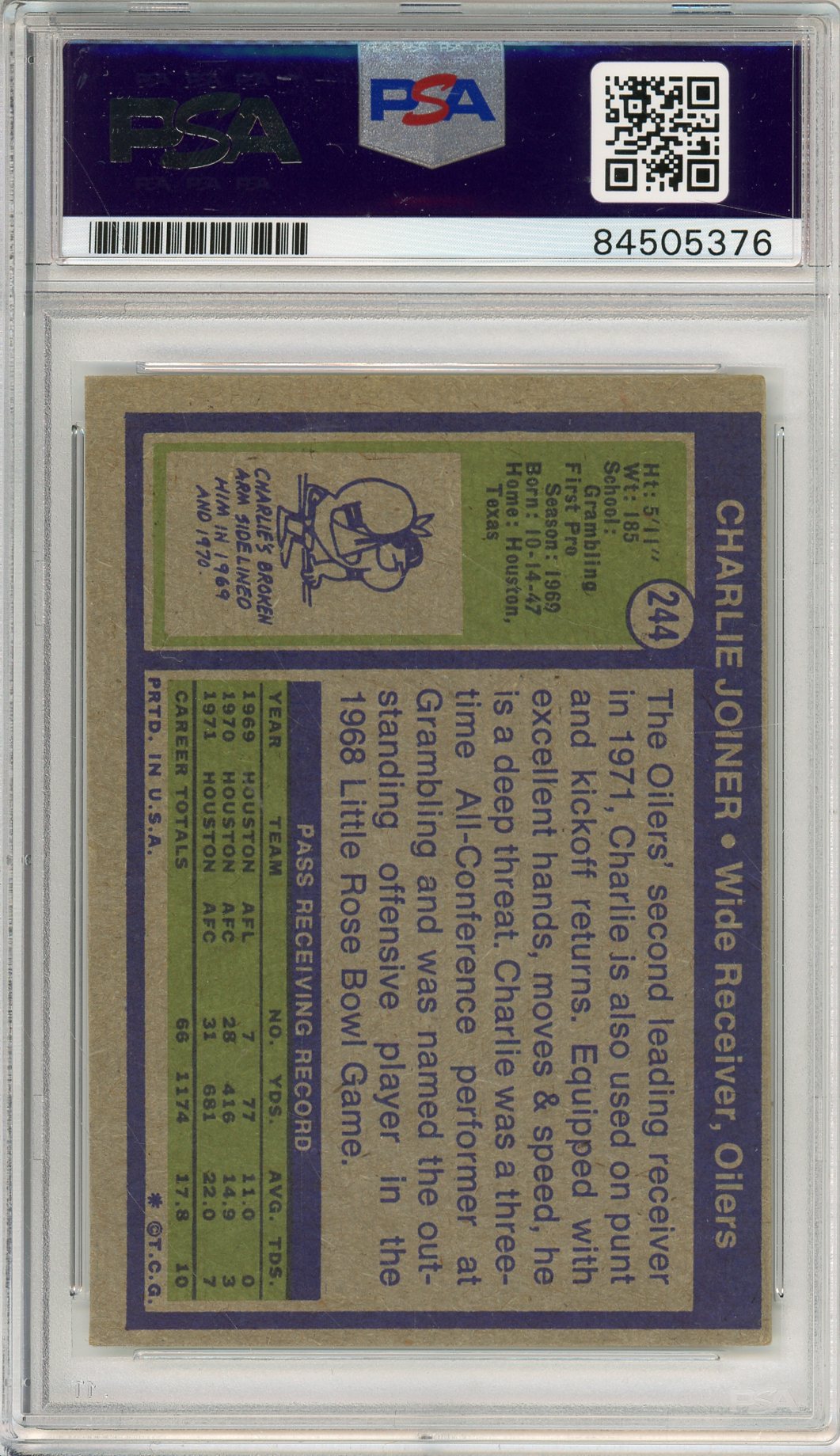 1972 TOPPS CHARLIE JOINER #244 ROOKIE CARD HOF AUTOGRAPH PSA/DNA