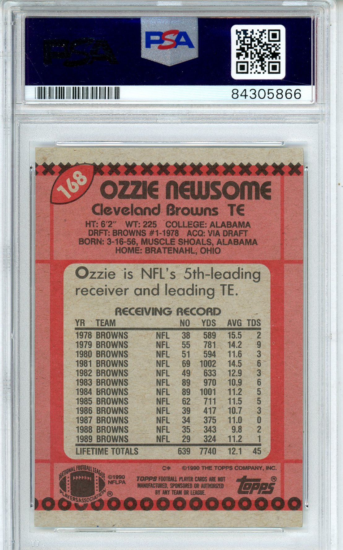1990 TOPPS FOOTBALL - OZZIE NEWSOME #168 BROWNS HOF AUTOGRAPH PSA/DNA AUTHENTIC AUTO