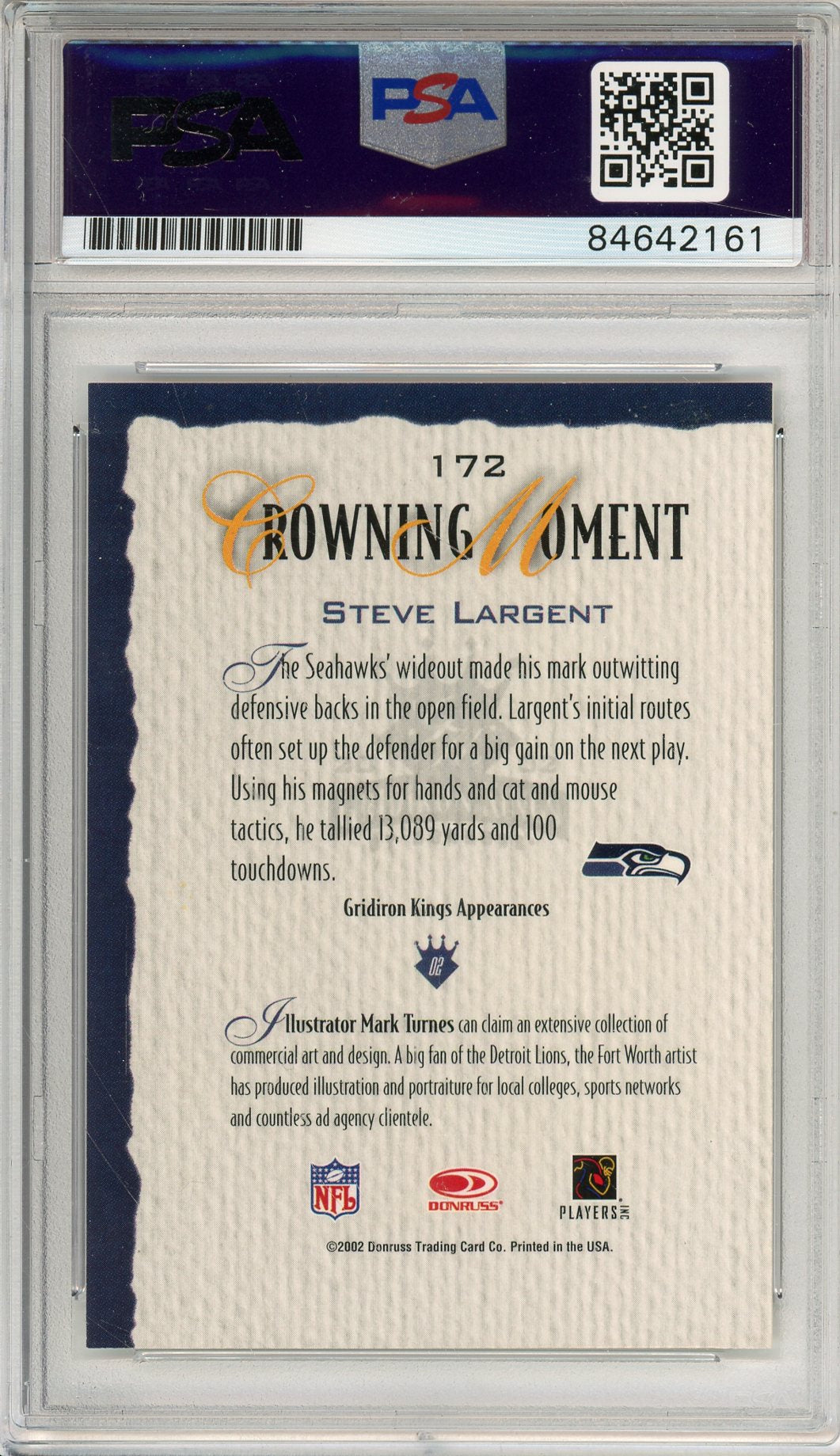 2002 DONRUSS GRIDIRON KINGS STEVE LARGENT #172 HOF AUTOGRAPH PSA/DNA
