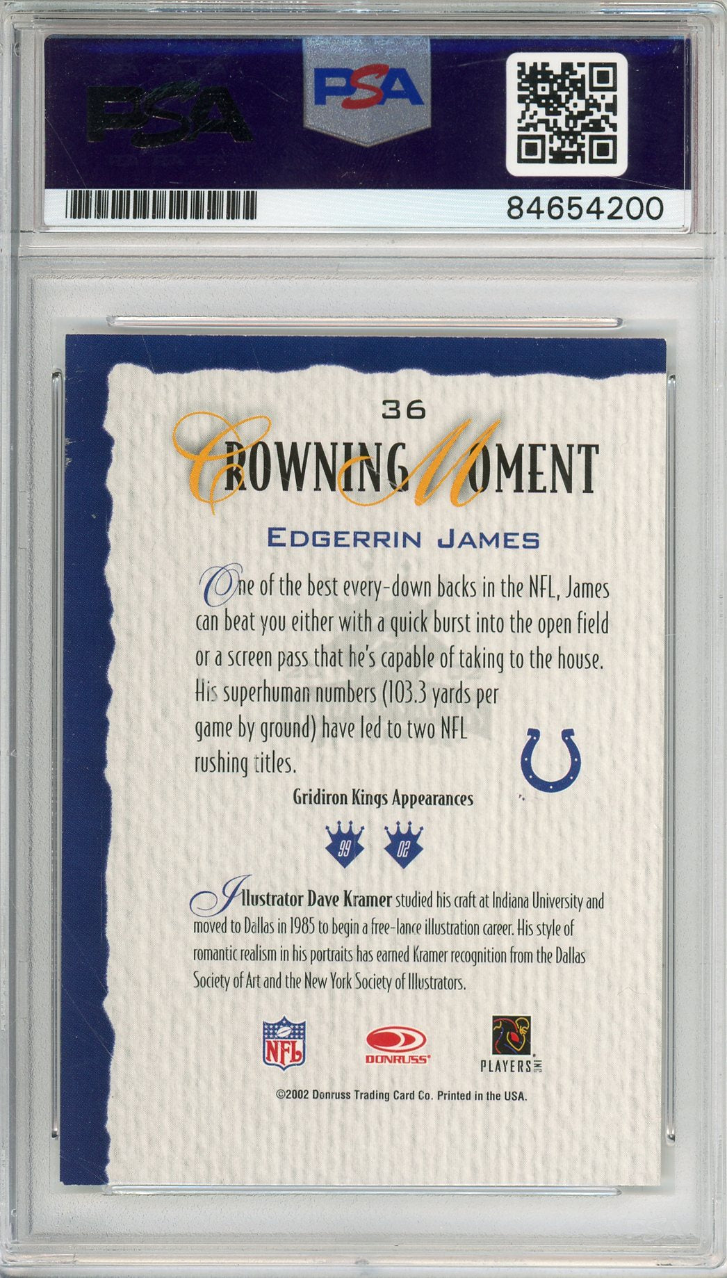 2002 DONRUSS EDGERRIN JAMES #36 HOF COLTS 3-TIME ALL PRO AUTOGRAPH PSA/DNA