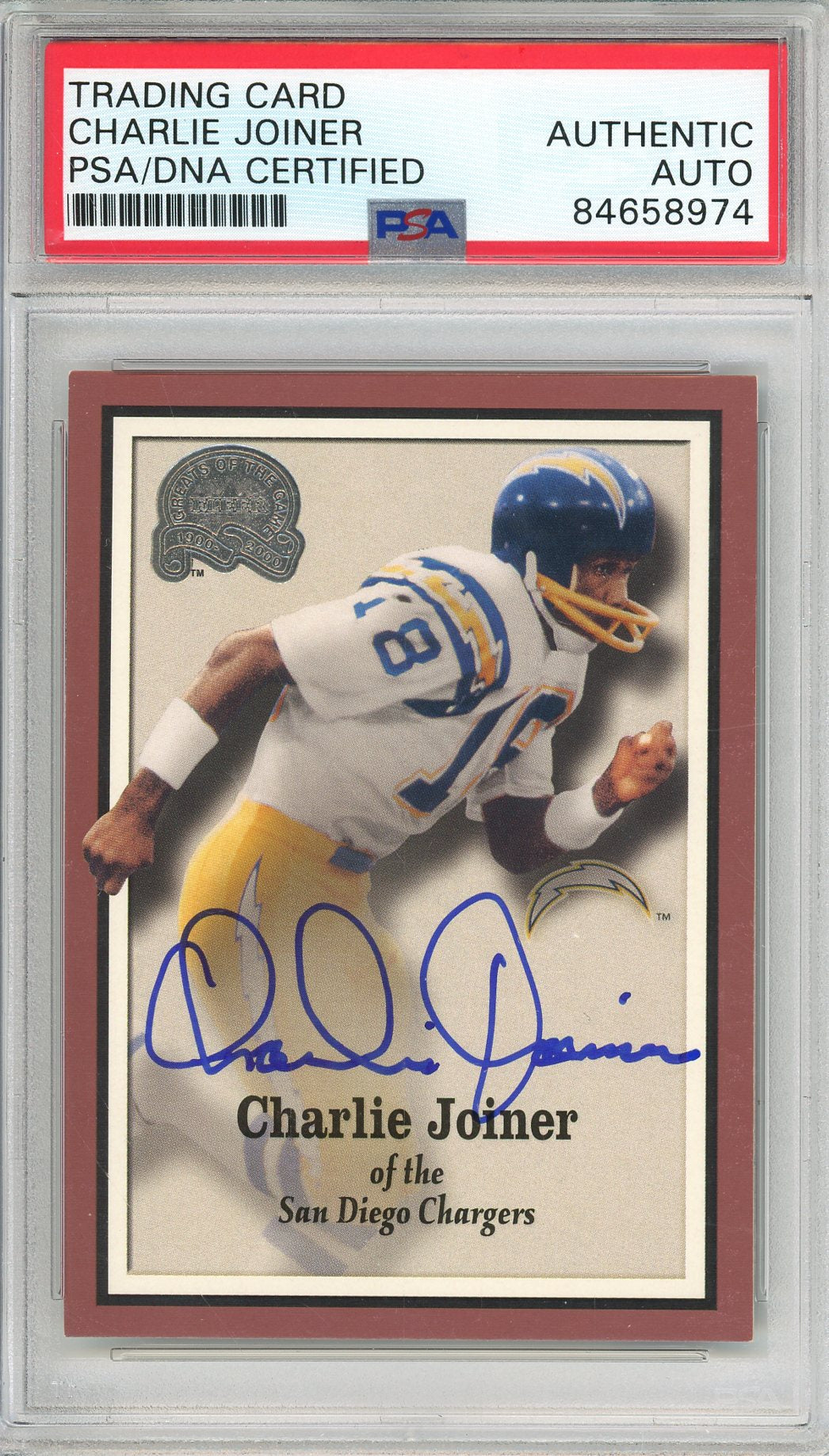 2000 FLEER CHARLIE JOINER #67 HOF CHARGERS 2-TIME ALL PRO AUTOGRAPH PSA/DNA