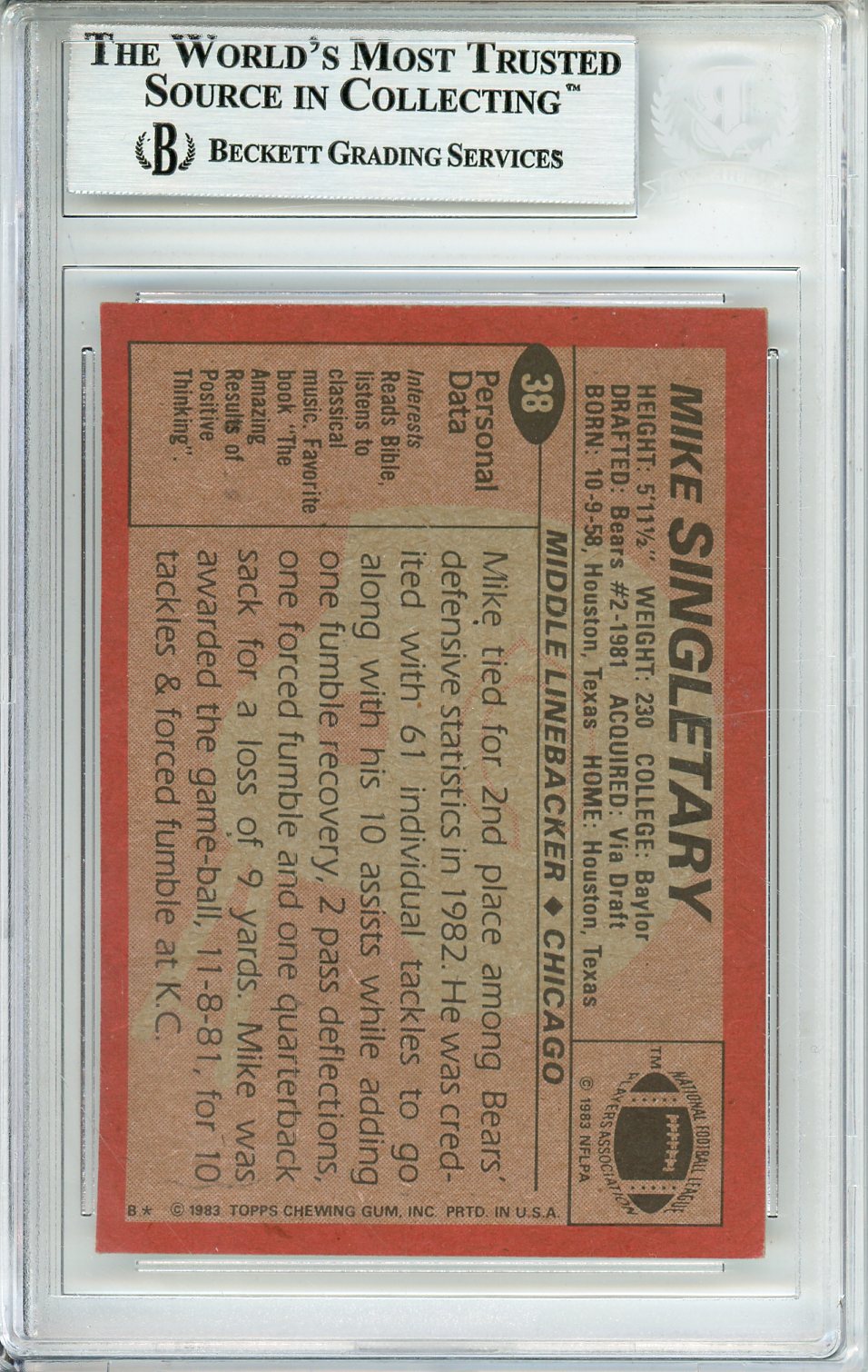 1983 TOPPS MIKE SINGLETARY #38 ROOKIE CARD AUTO HOF BGS AUTHENTIC