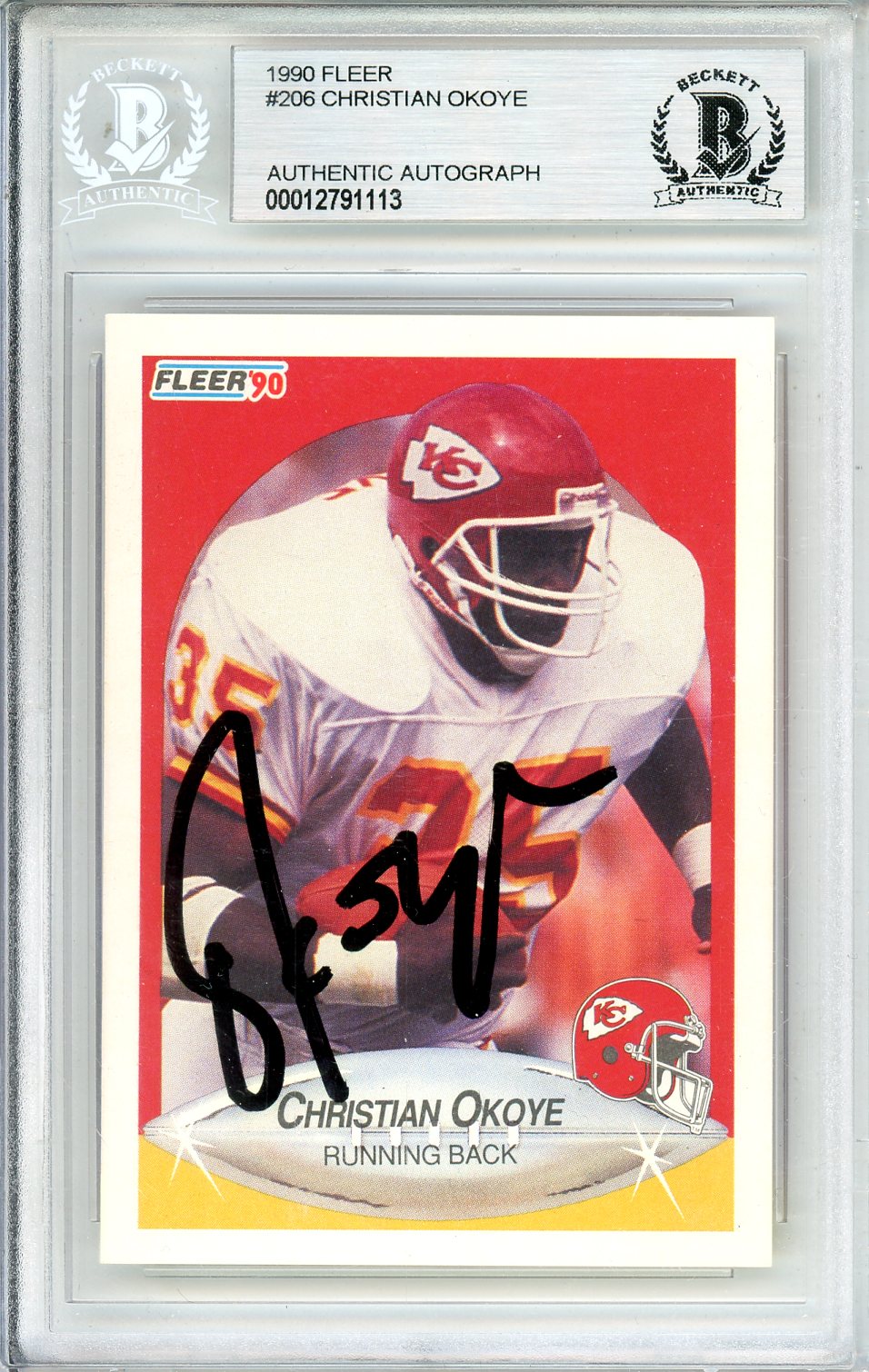 1990 FLEER CHRISTIAN OKOYE #206 CHEIFS HOF AUTO BGS AUTHENTIC