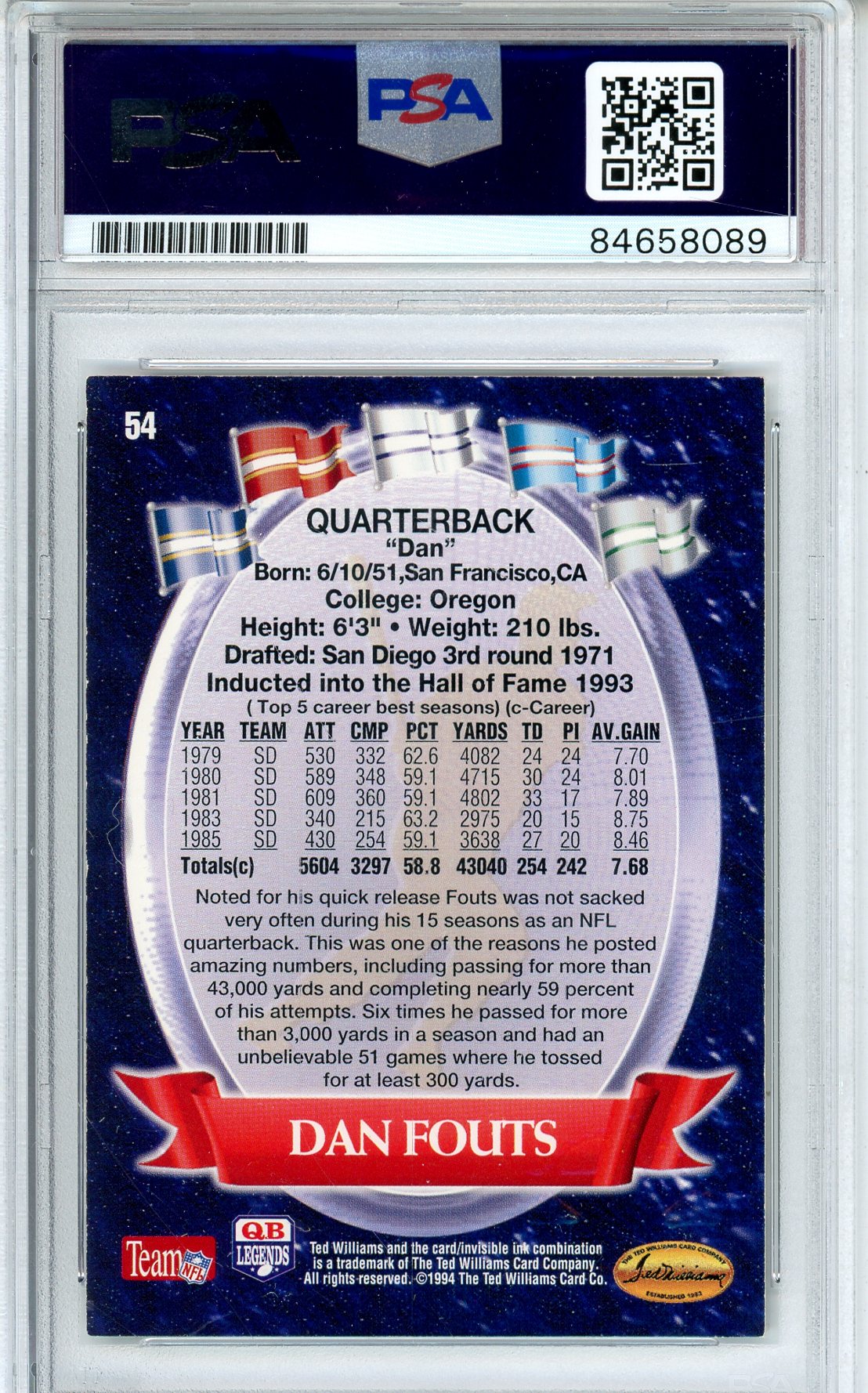 1994 THE TED WILLIAMS FOOTBALL - DAN FOUTS #54 CHARGERS HOF AUTO PSA/DNA AUTHENTIC AUTO